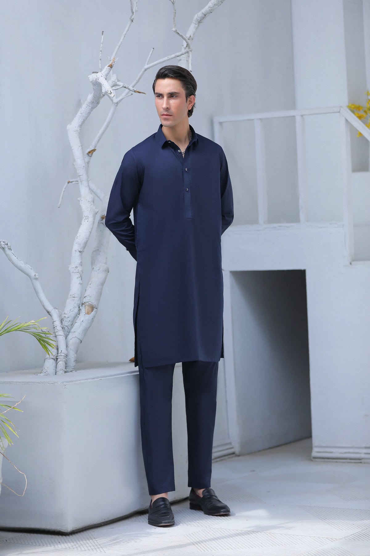 Stitched Collar Kurta With Matching Trouser for Men - Navy Blue - A Man
