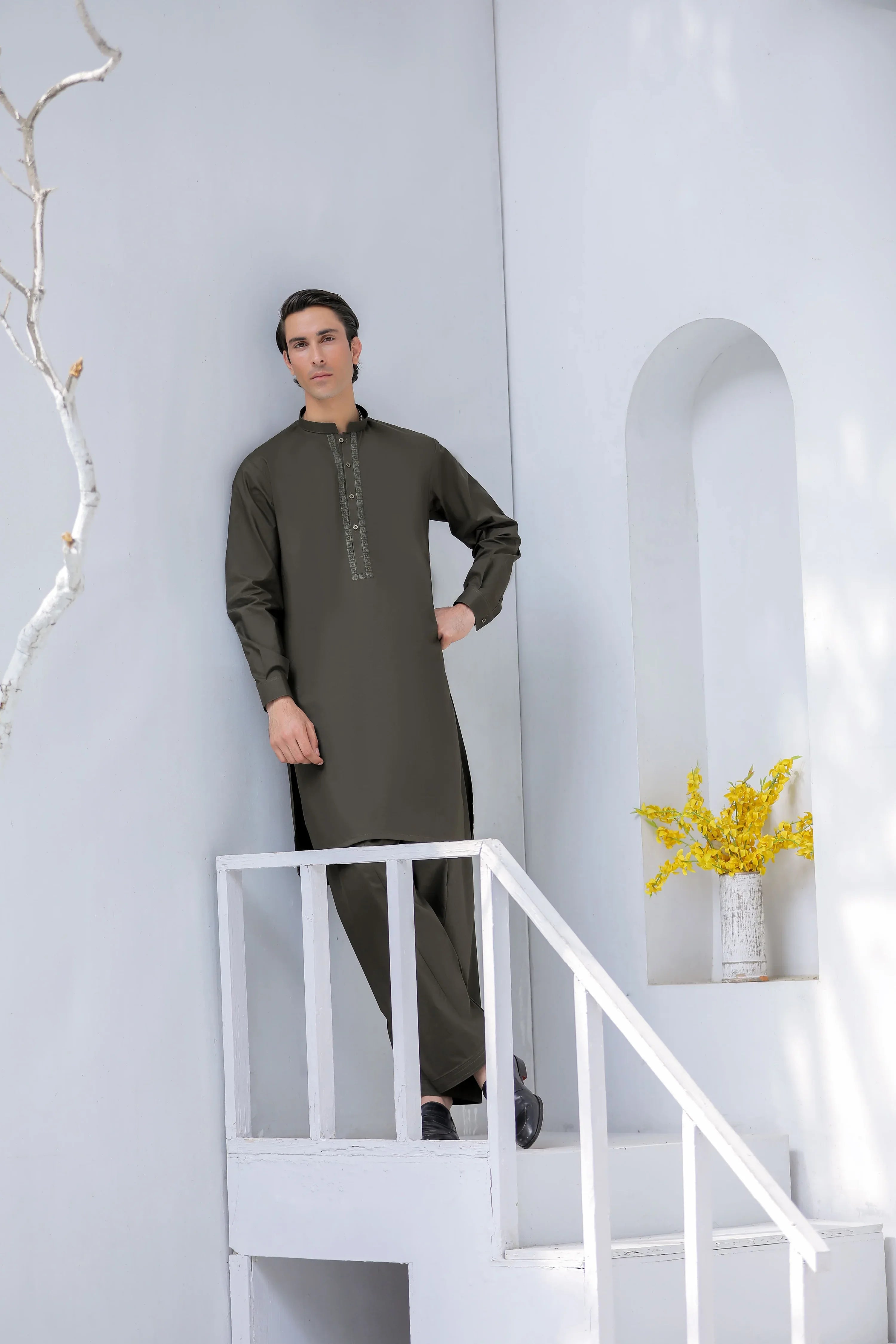 Stitched Cross Stitch Embroidered Kurta Shalwar for Men - Dark Olive - A Man