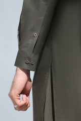 Stitched Cross Stitch Embroidered Kurta Shalwar for Men - Dark Olive - A Man