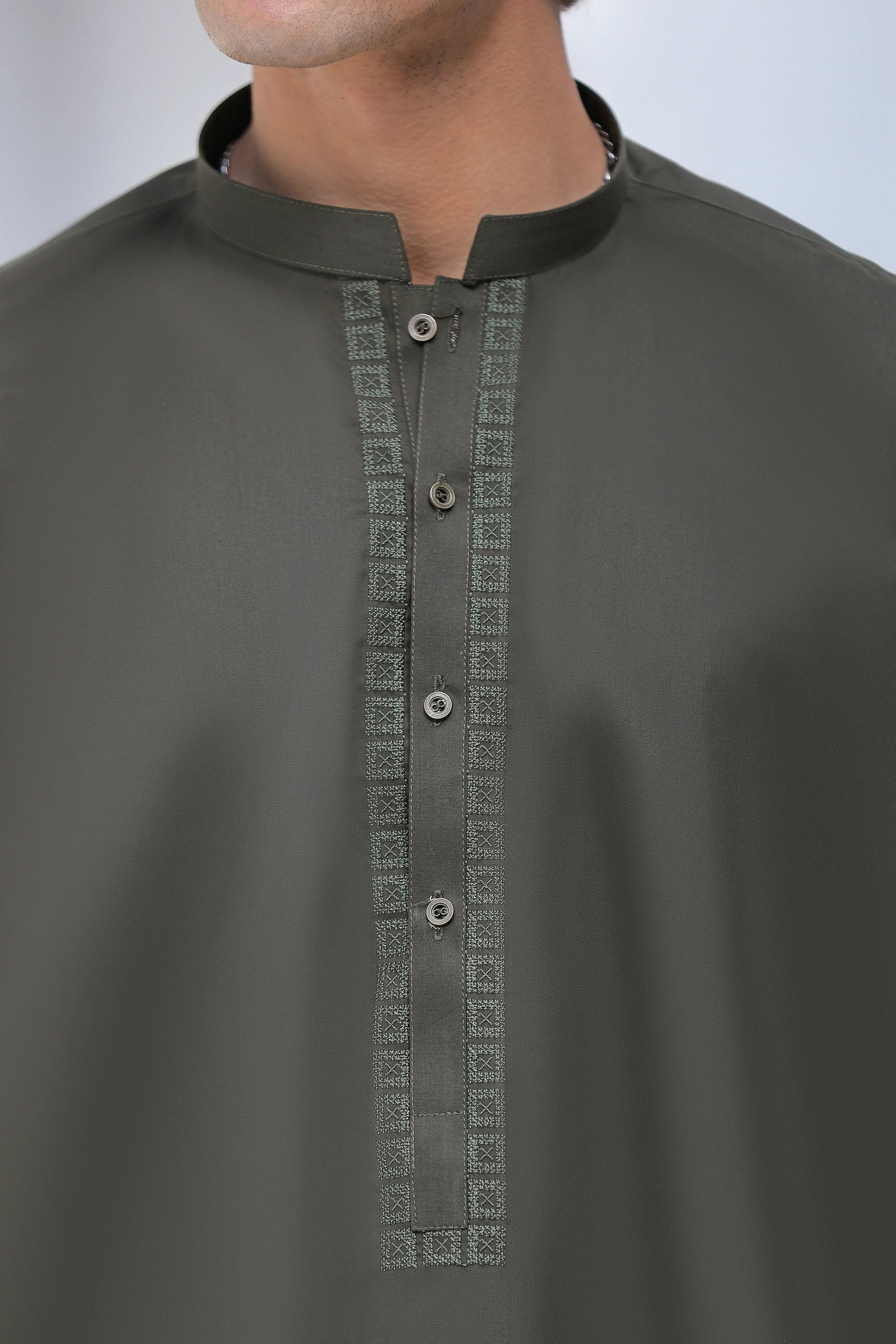 Stitched Cross Stitch Embroidered Kurta Shalwar for Men - Dark Olive - A Man