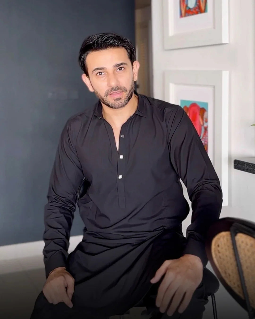 Stitched Double Collar Kameez Shalwar With Silver Square Metal Buttons for Men - Black - A Man