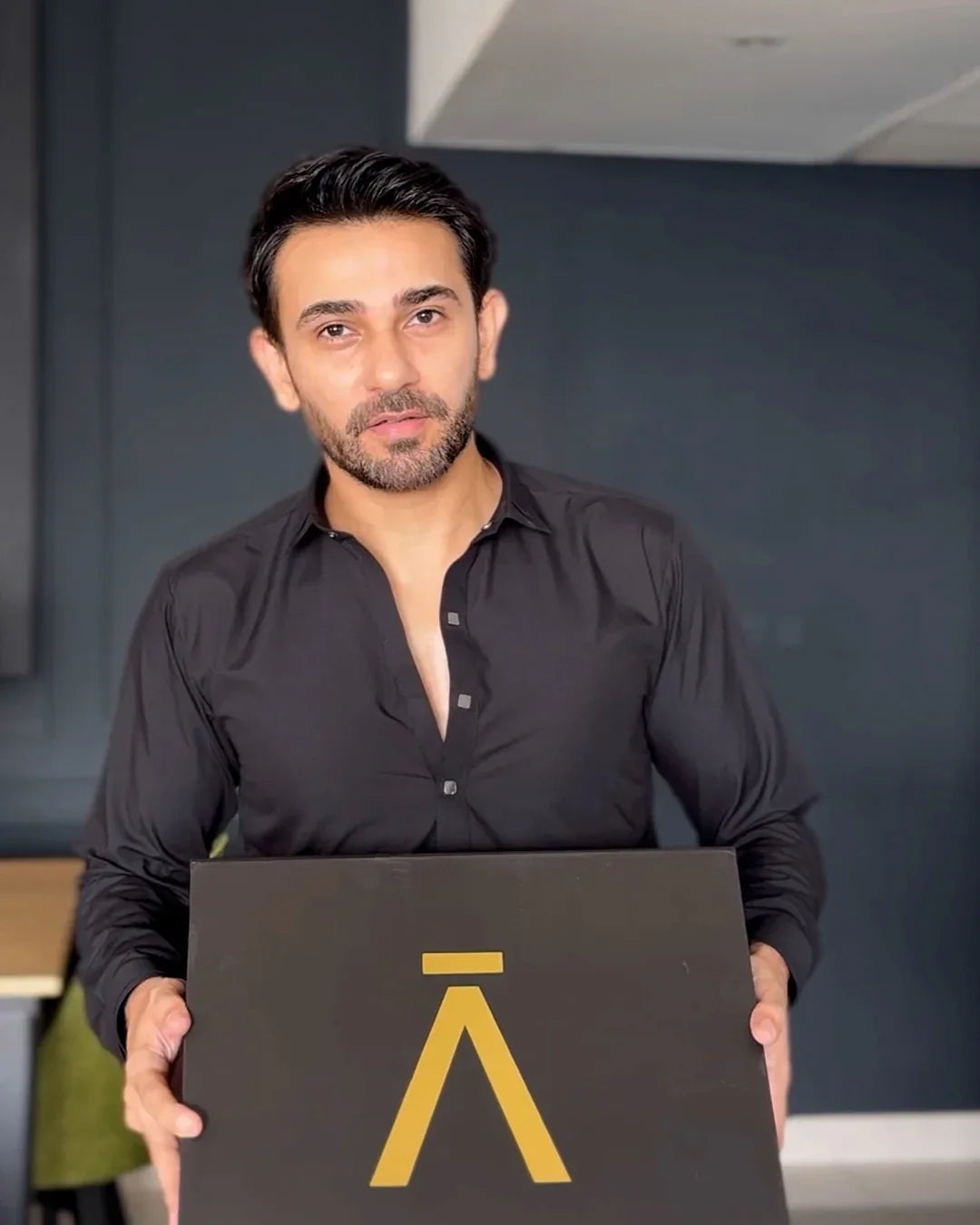 Stitched Double Collar Kameez Shalwar With Silver Square Metal Buttons for Men - Black - A Man