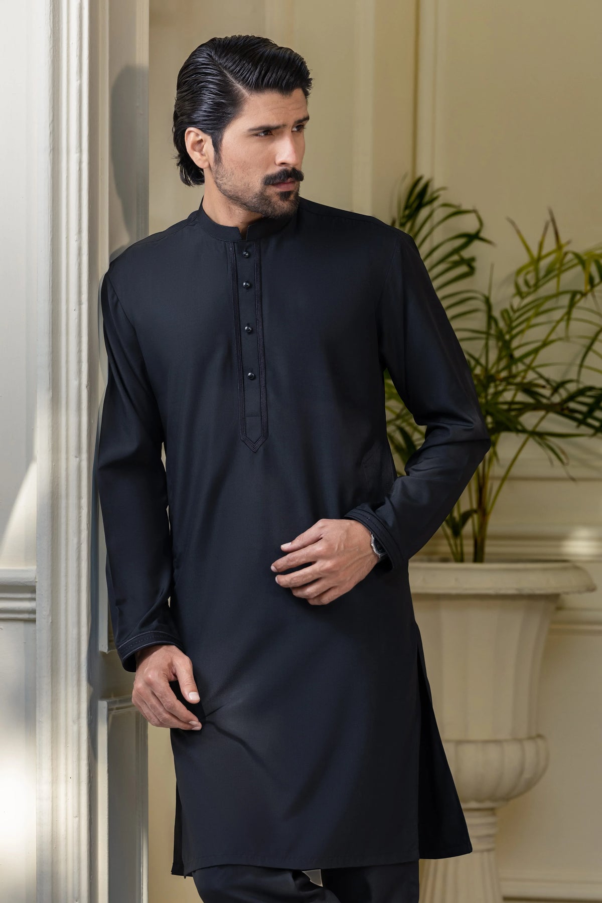 Stitched Embroidered Kurta With Matching Trousers for Men - Deep Black - A Man