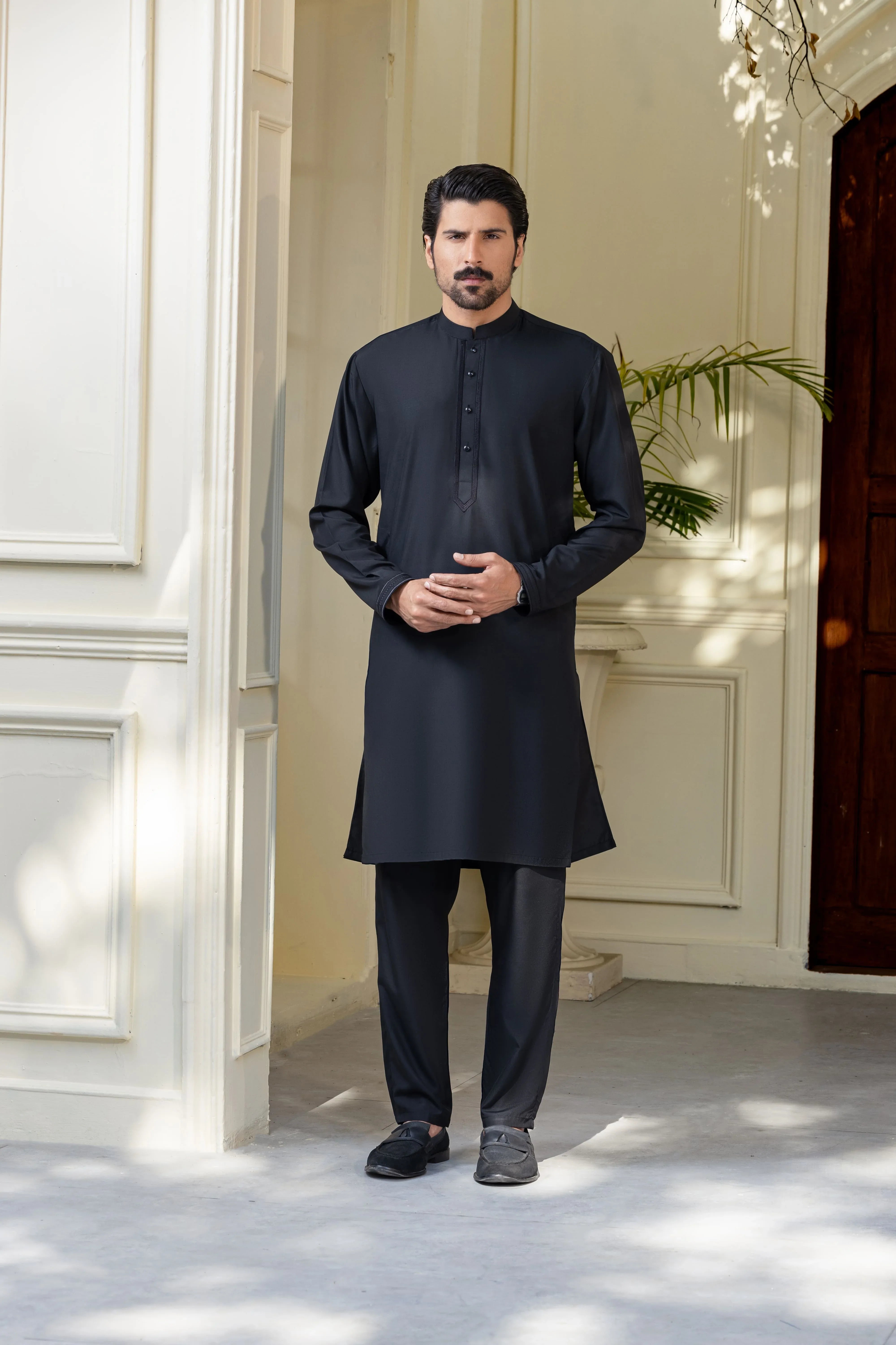 Stitched Embroidered Kurta With Matching Trousers for Men - Deep Black - A Man