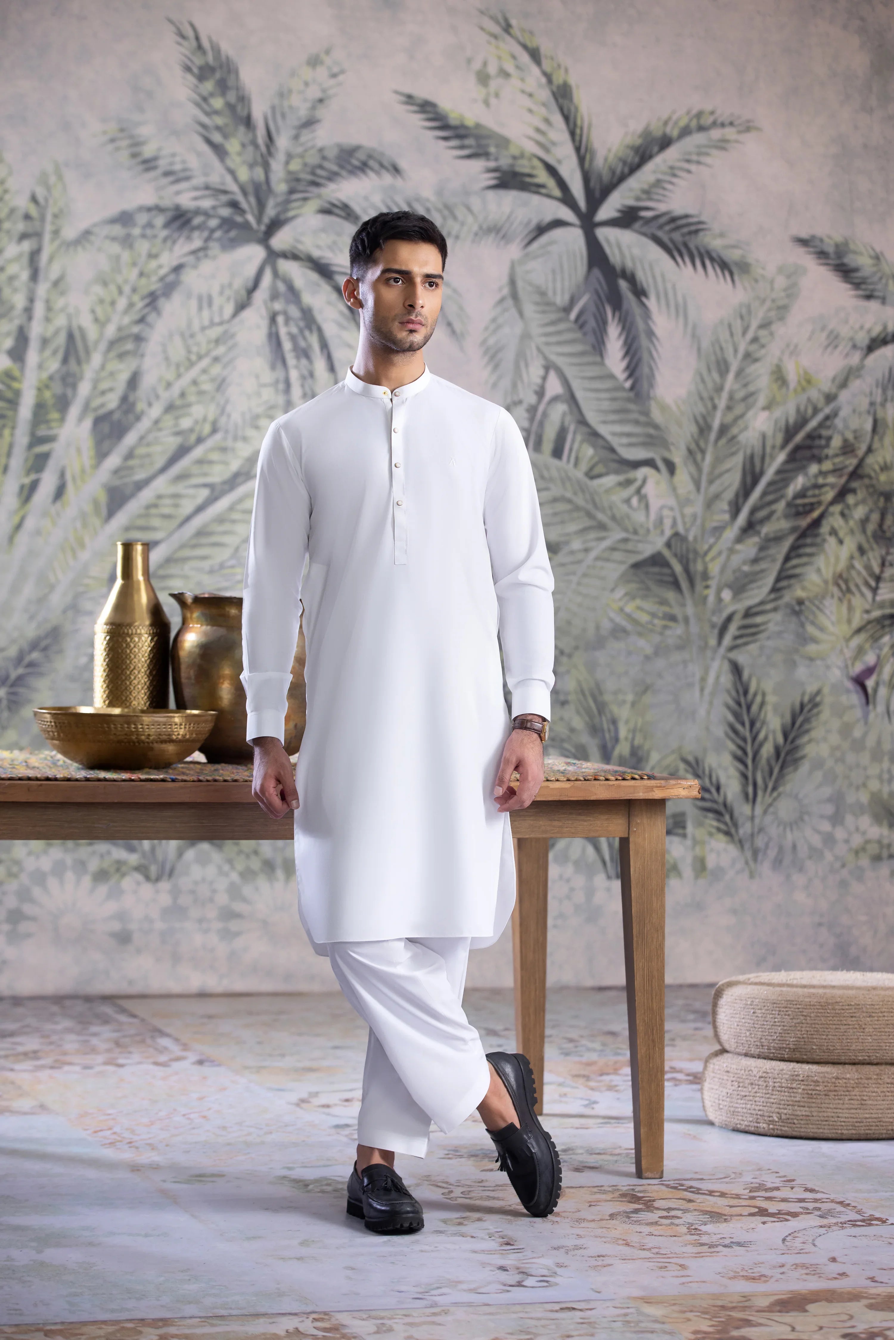 Stitched Full Ban Kurta Shalwar With Contrast Metal Buttons for Men - Off White - A Man