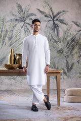 Stitched Full Ban Kurta Shalwar With Contrast Metal Buttons for Men - Off White - A Man