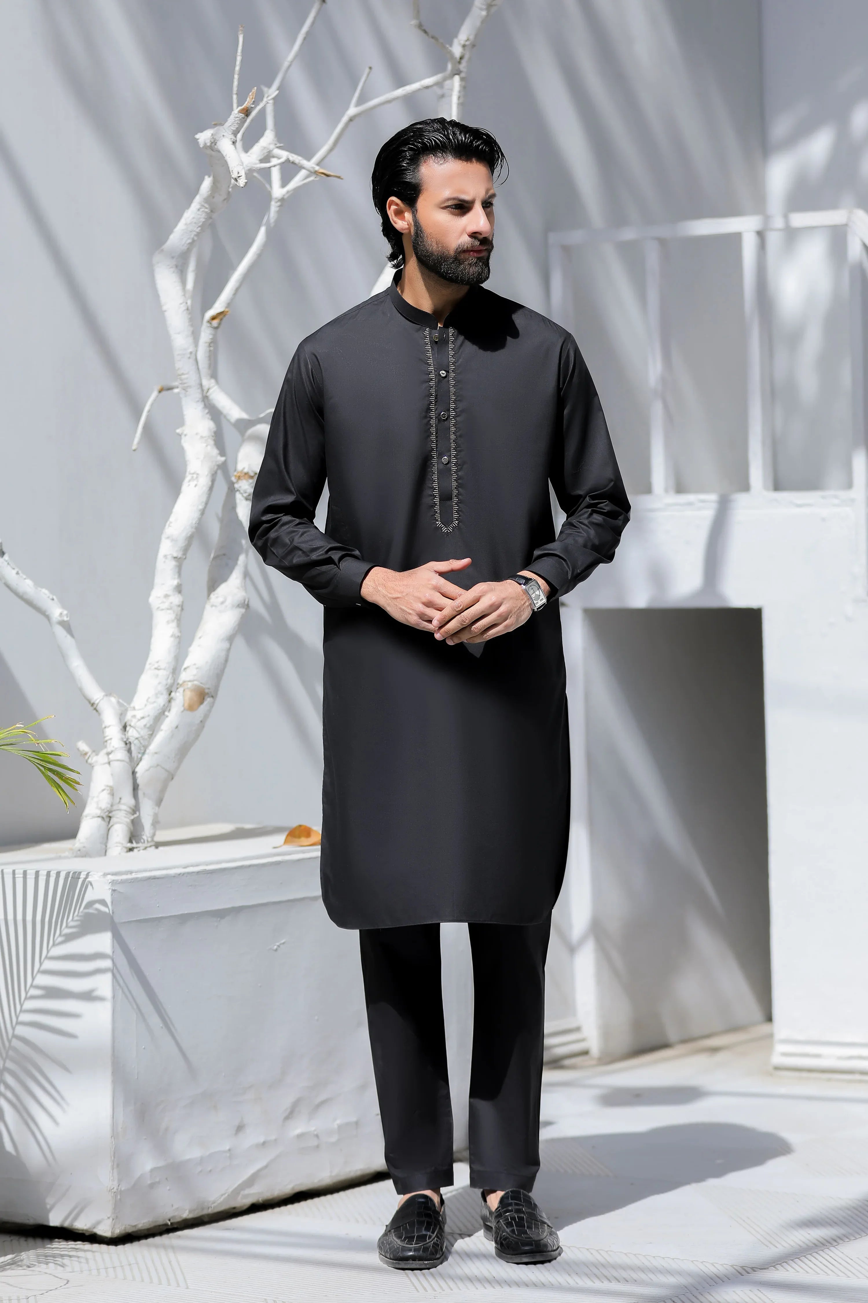 Stitched Golden Contrast Embroidered Kurta Trouser for Men - Black - A Man