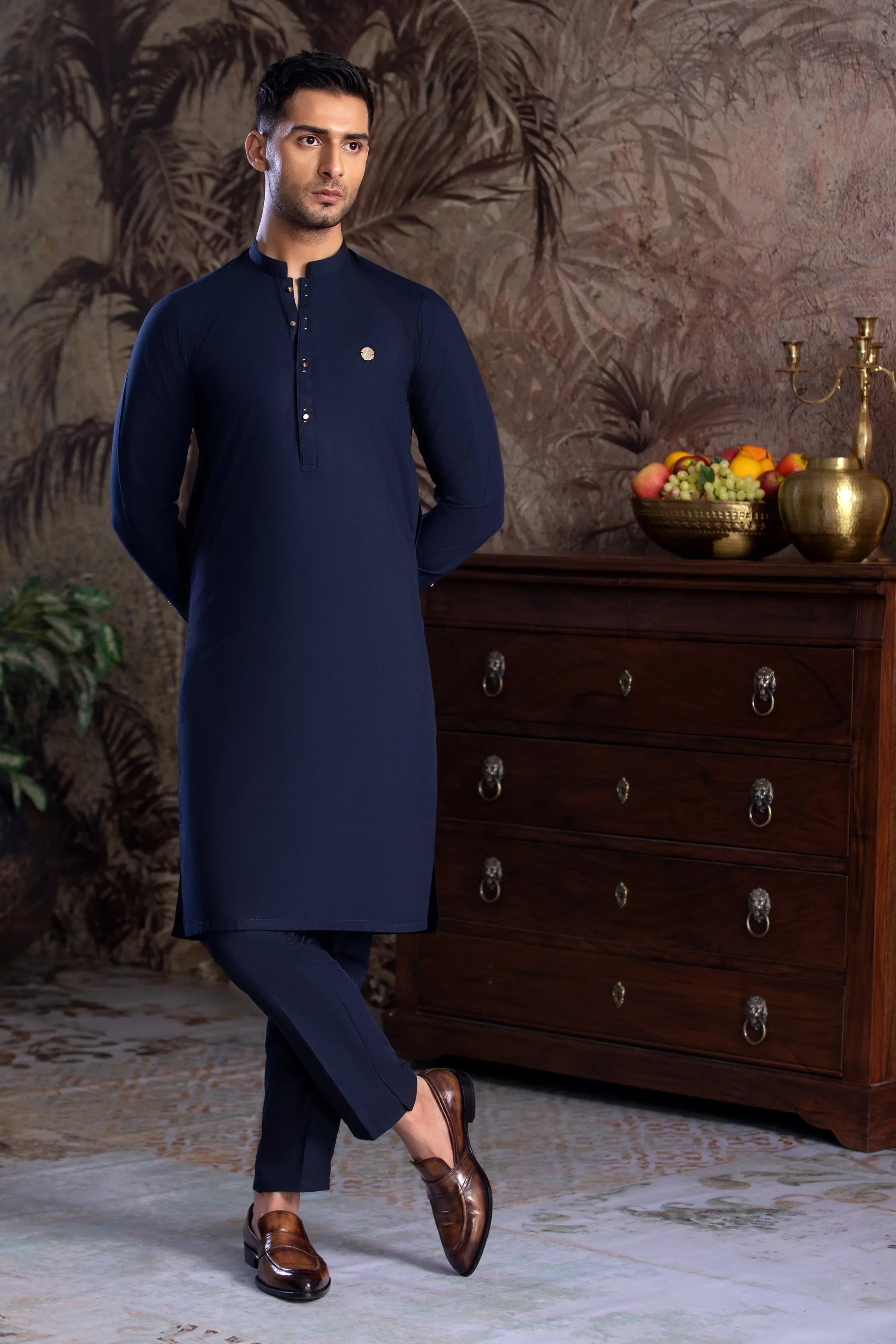 Stitched Golden Detailing Kurta Trouser With A MAN Badge for Men - Dark Blue - A Man
