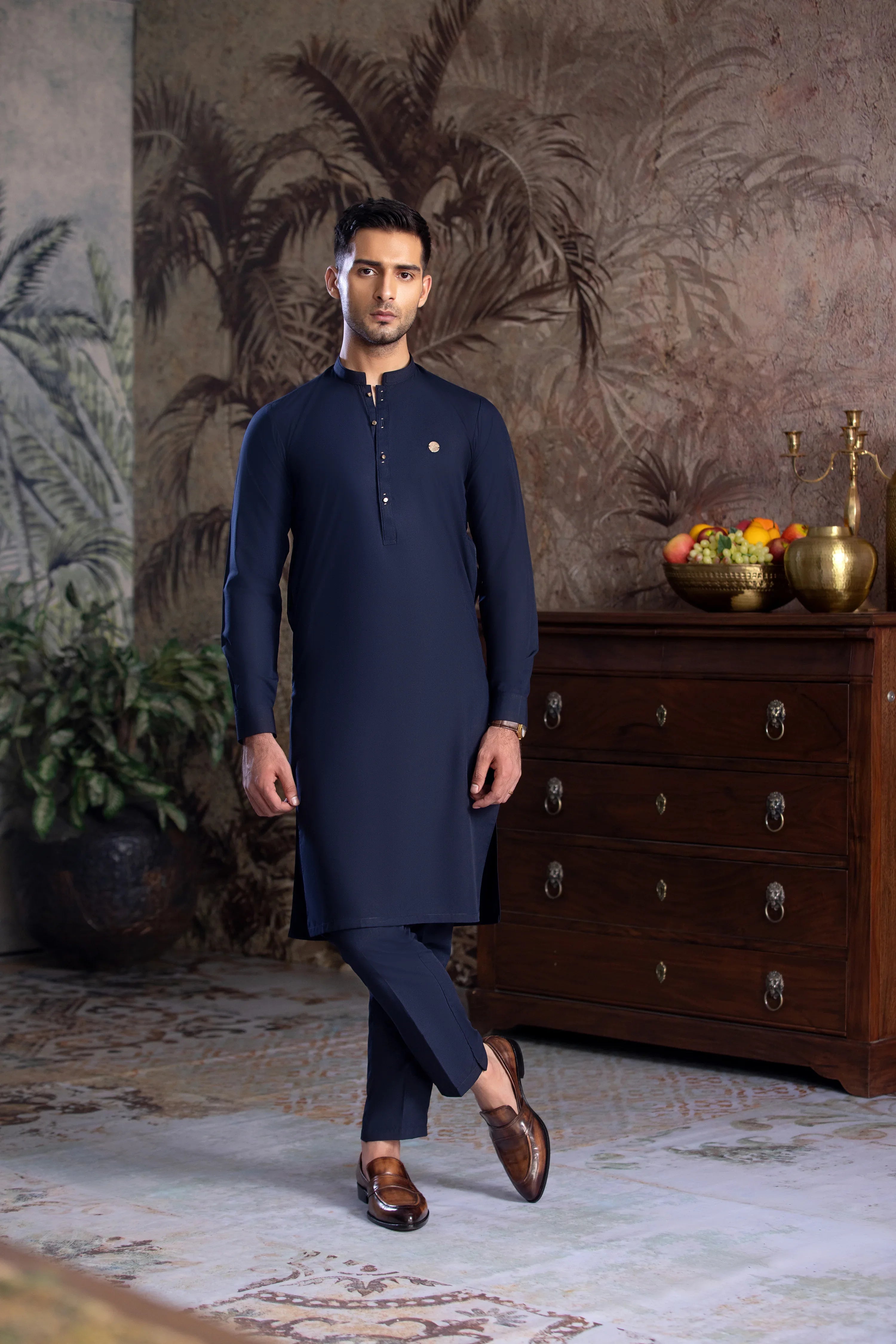 Stitched Golden Detailing Kurta Trouser With A MAN Badge for Men - Dark Blue - A Man