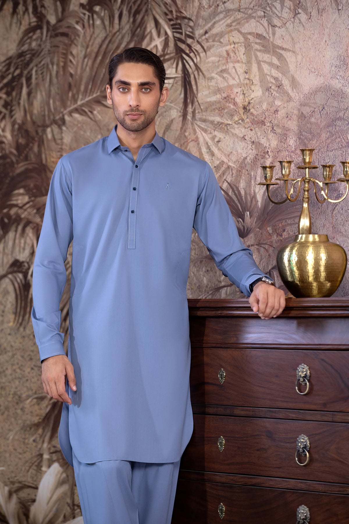 Stitched Kameez Shalwar With Contrast Buttons for Men - Medium Blue - A Man