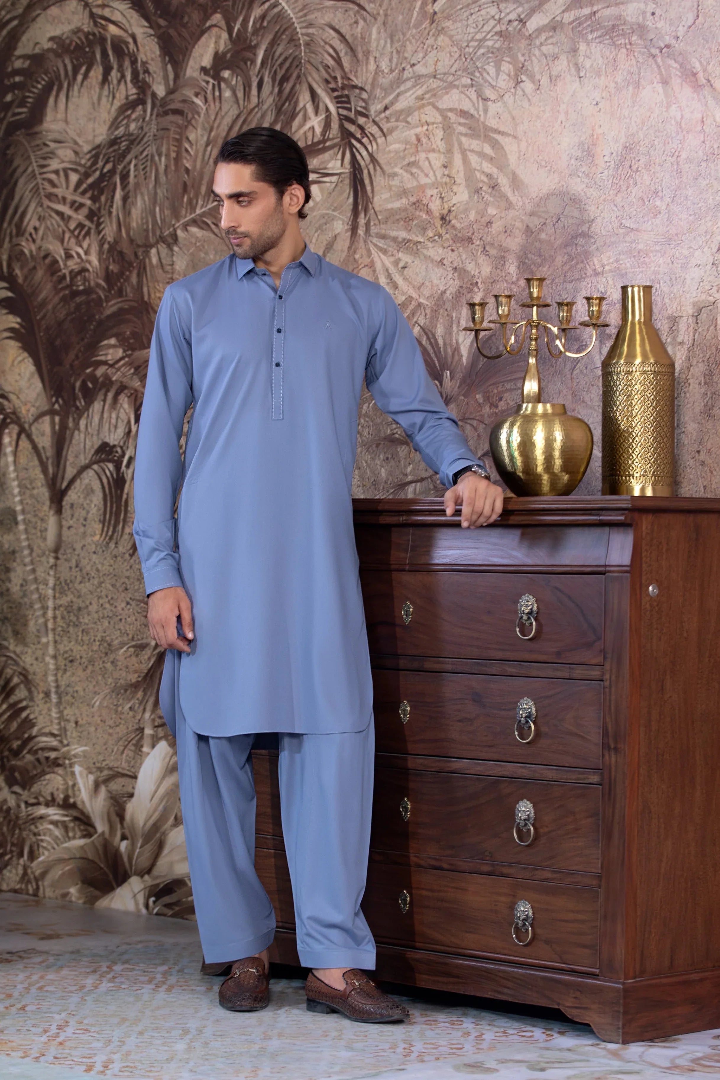 Stitched Kameez Shalwar With Contrast Buttons for Men - Medium Blue - A Man