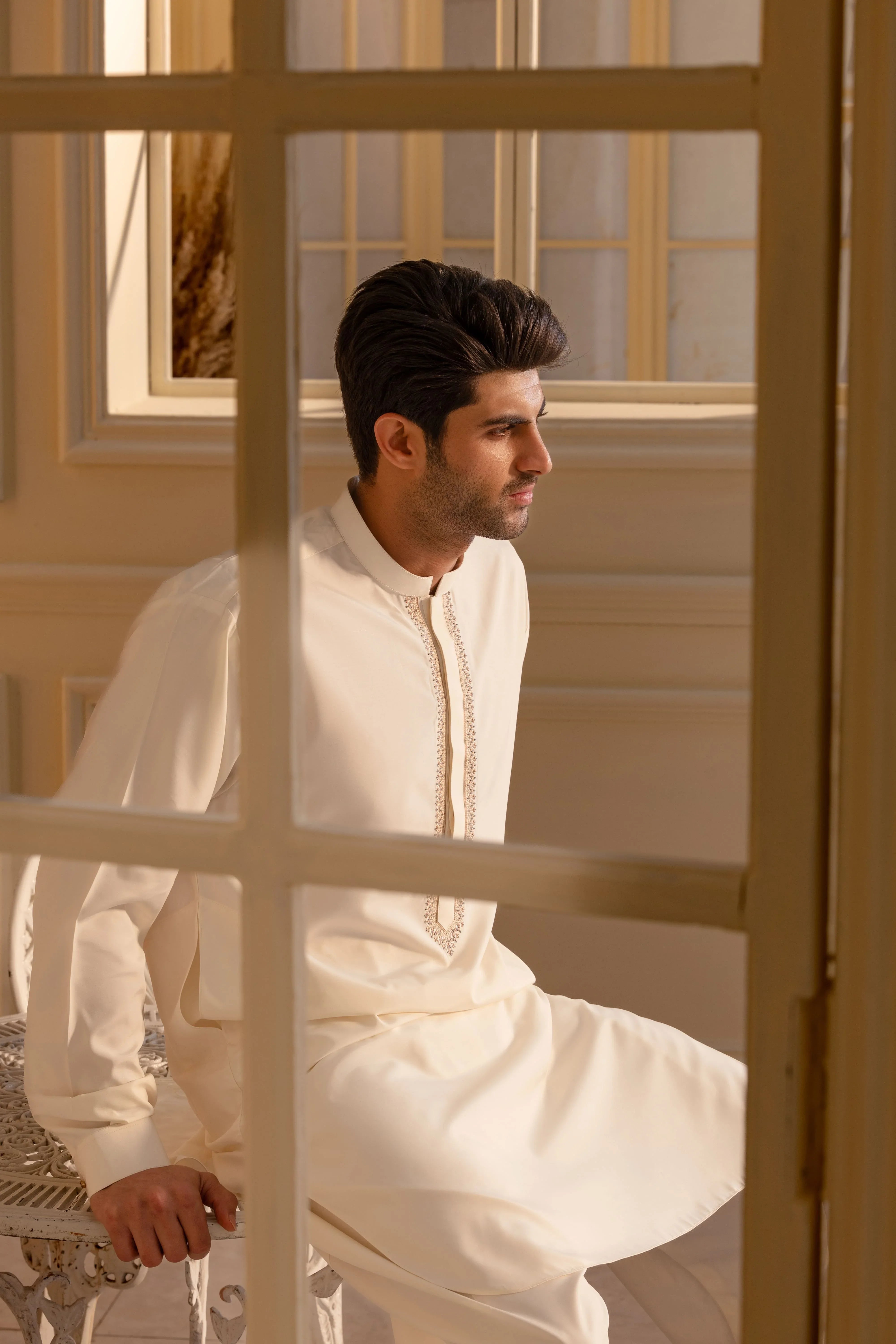 Stitched Kashmiri Embroidered Premium Boski Kameez With Matching Shalwar for Men - Cream - A Man