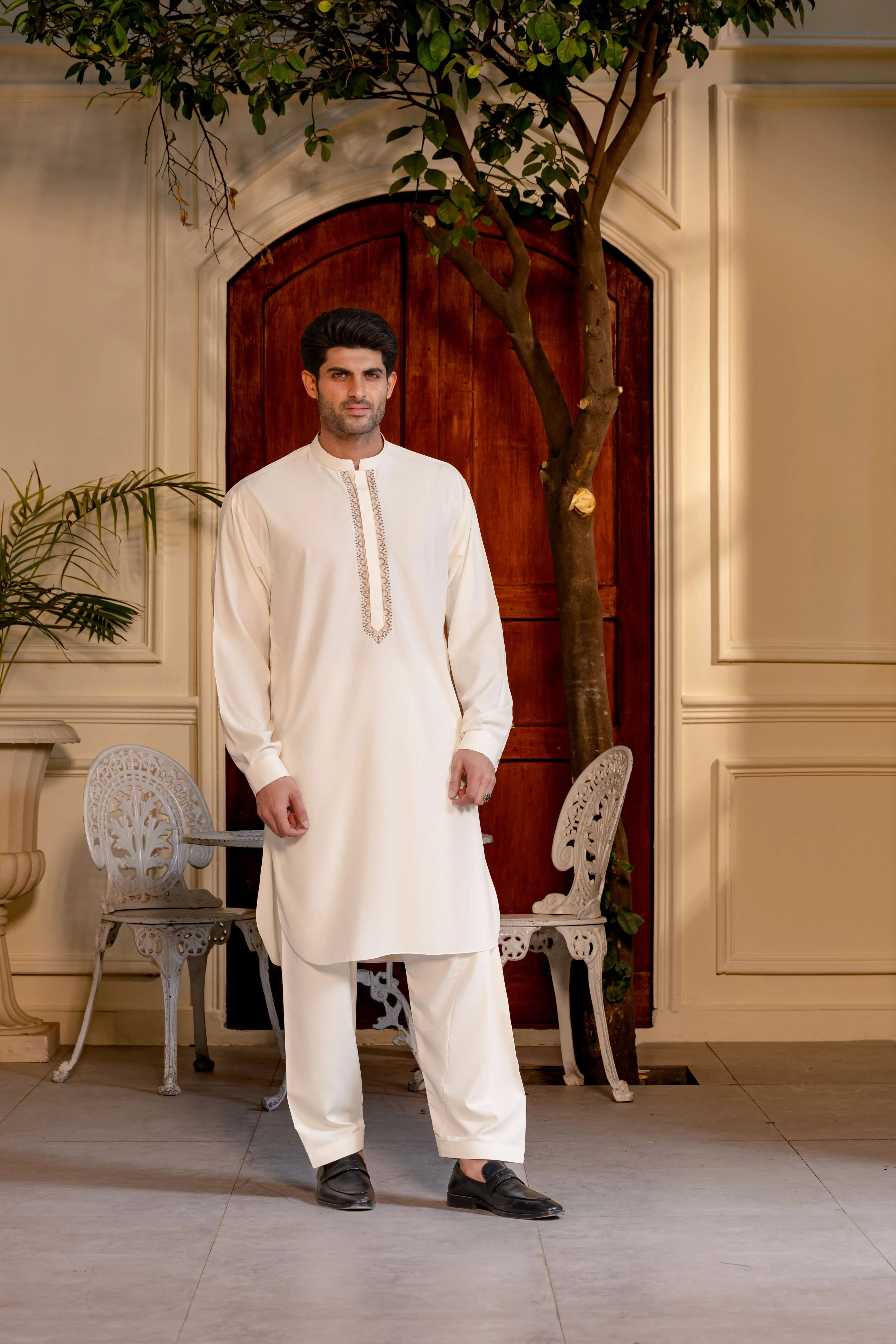 Stitched Kashmiri Embroidered Premium Boski Kameez With Matching Shalwar for Men - Cream - A Man