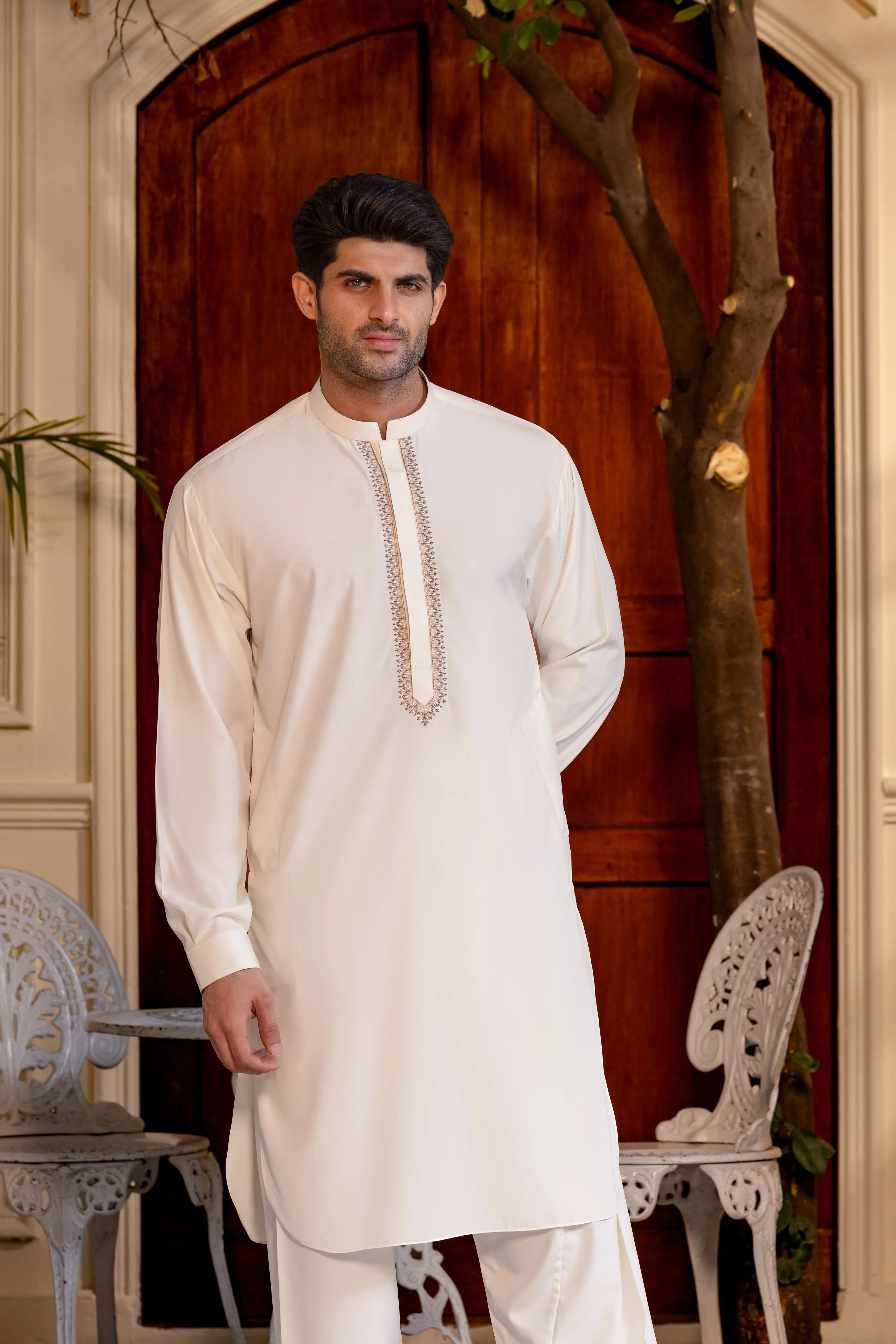 Stitched Kashmiri Embroidered Premium Boski Kameez With Matching Shalwar for Men - Cream - A Man