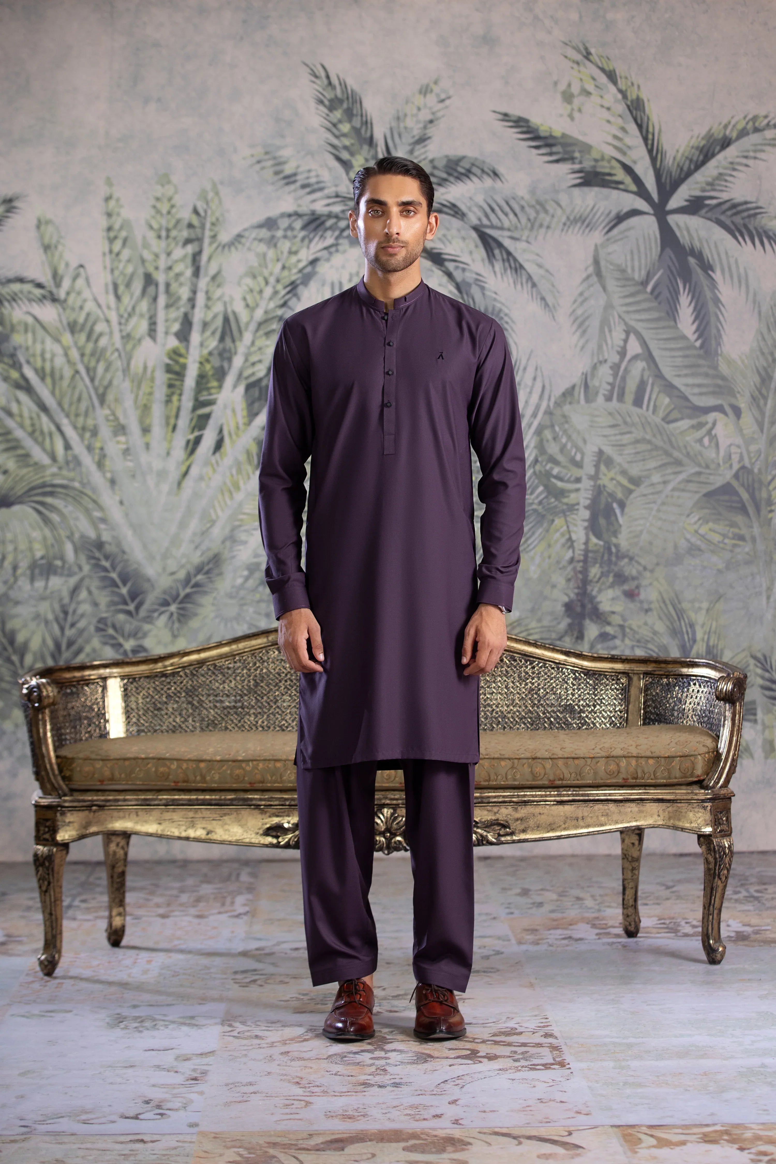 Stitched Kurta Shalwar With Contrast Buttons & Details for Men - Indigo - A Man