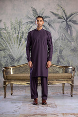 Stitched Kurta Shalwar With Contrast Buttons & Details for Men - Indigo - A Man