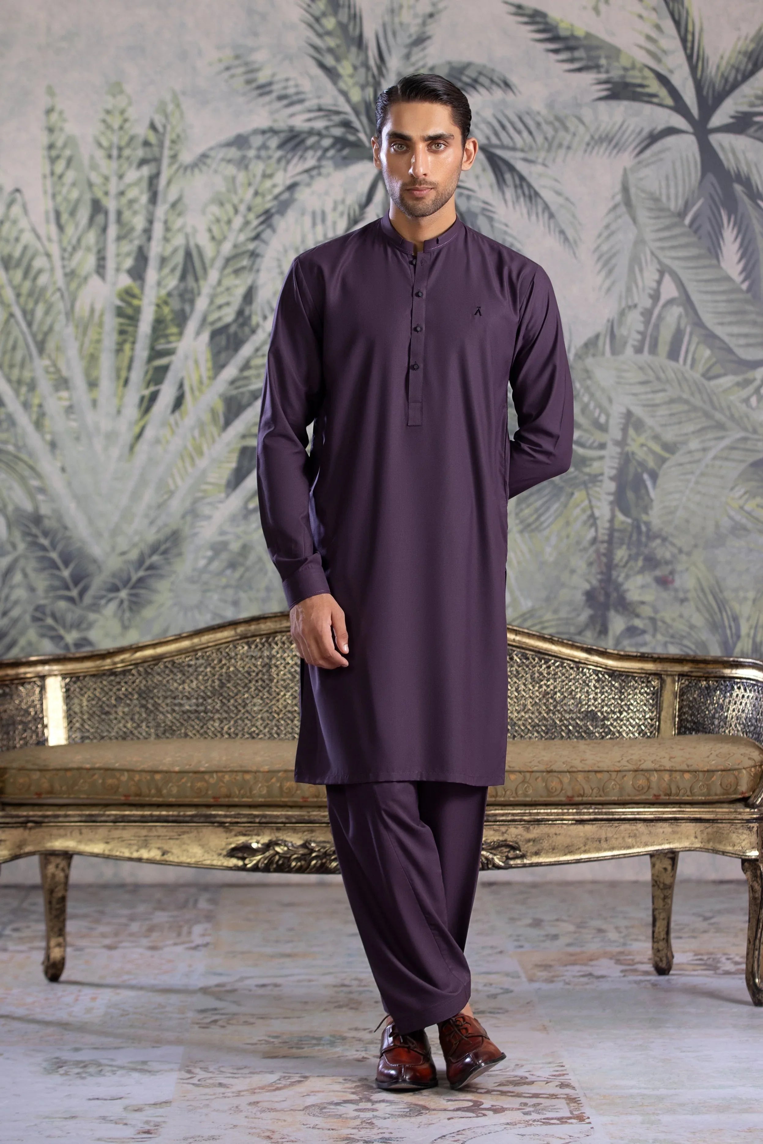 Stitched Kurta Shalwar With Contrast Buttons & Details for Men - Indigo - A Man