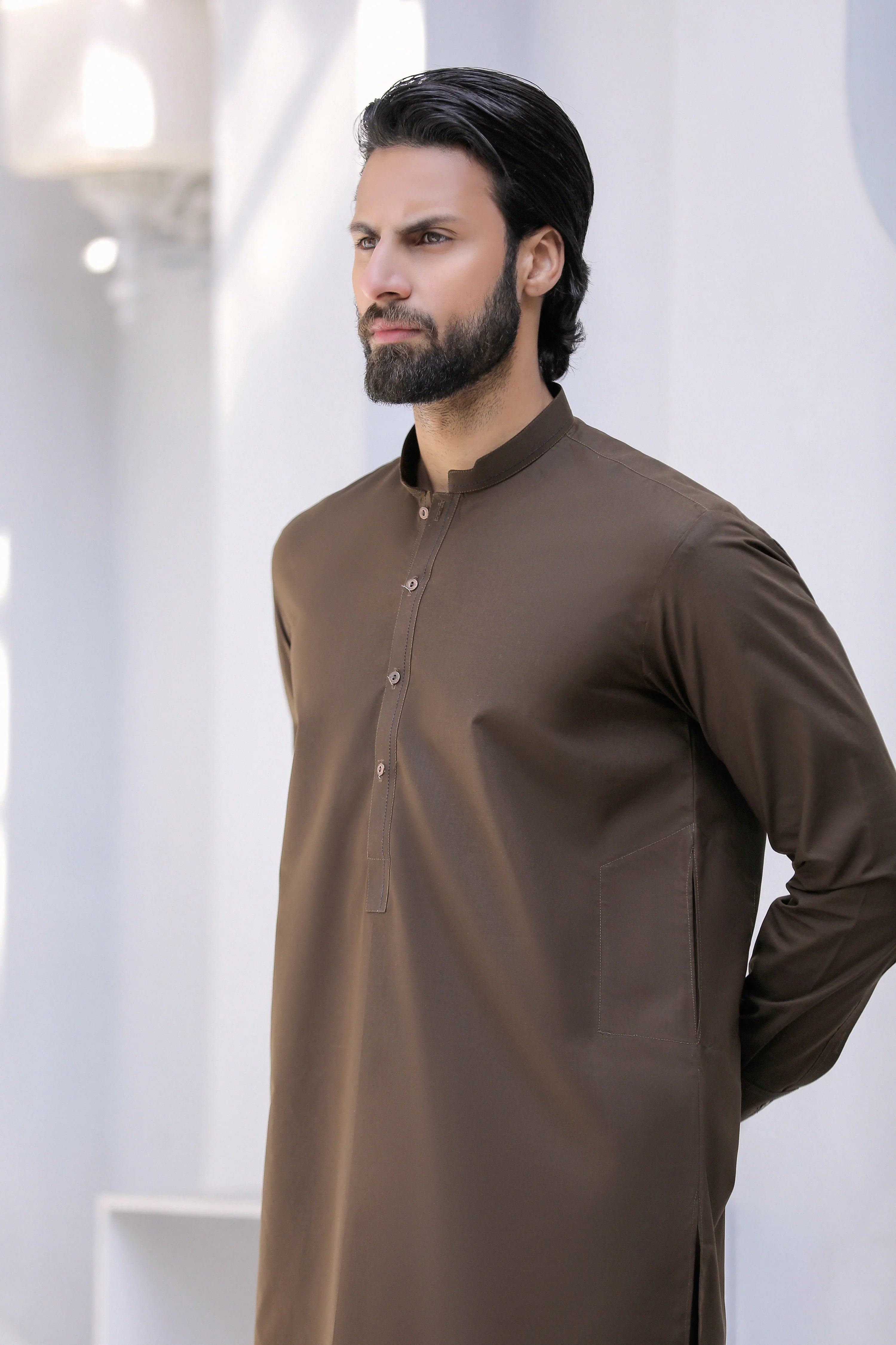Stitched Kurta Trouser With Cut Ban & Thread Detailing for Men - Coffee - A Man
