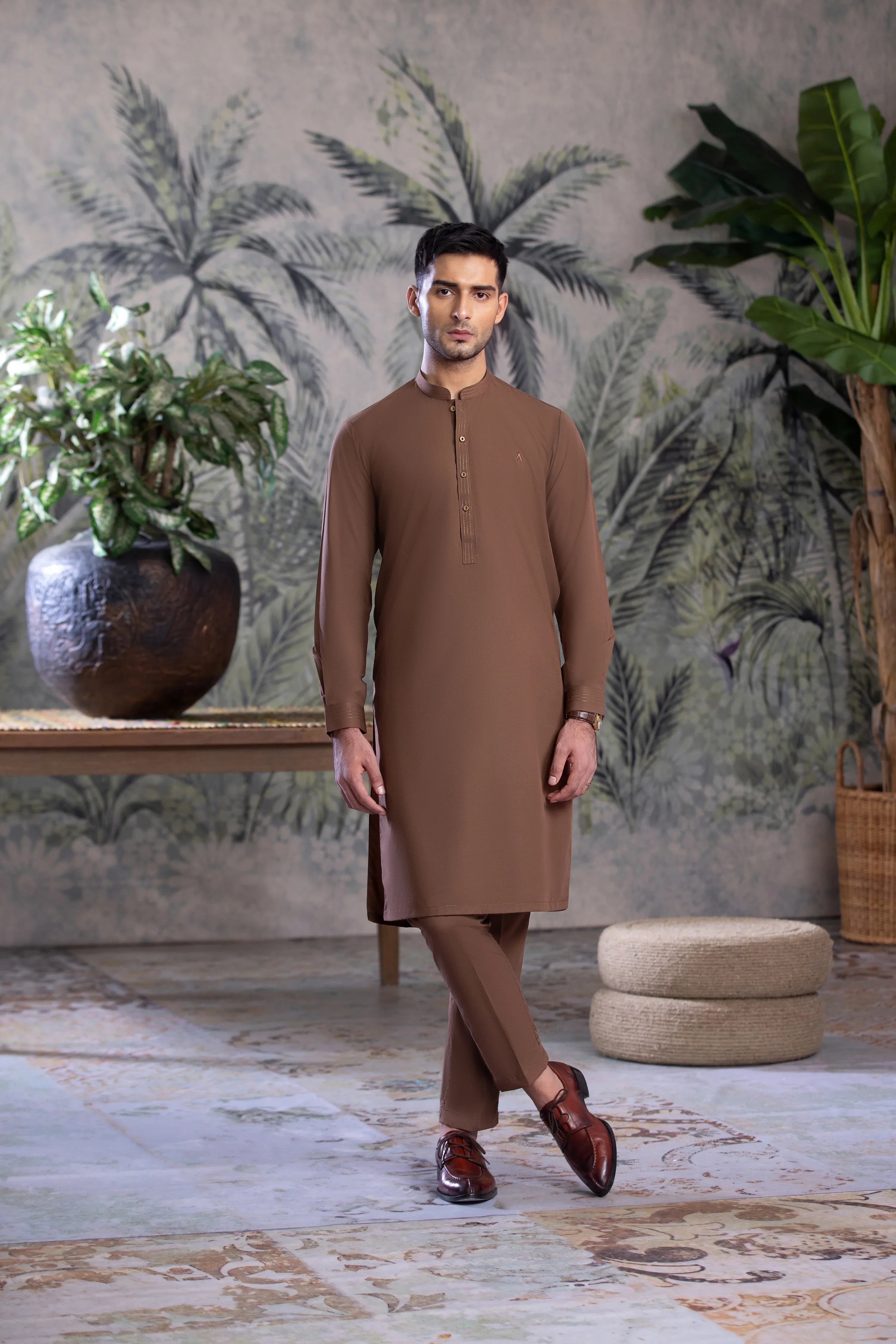 Stitched Kurta Trouser With Thread Detailing for Men - Coffee Brown - A Man