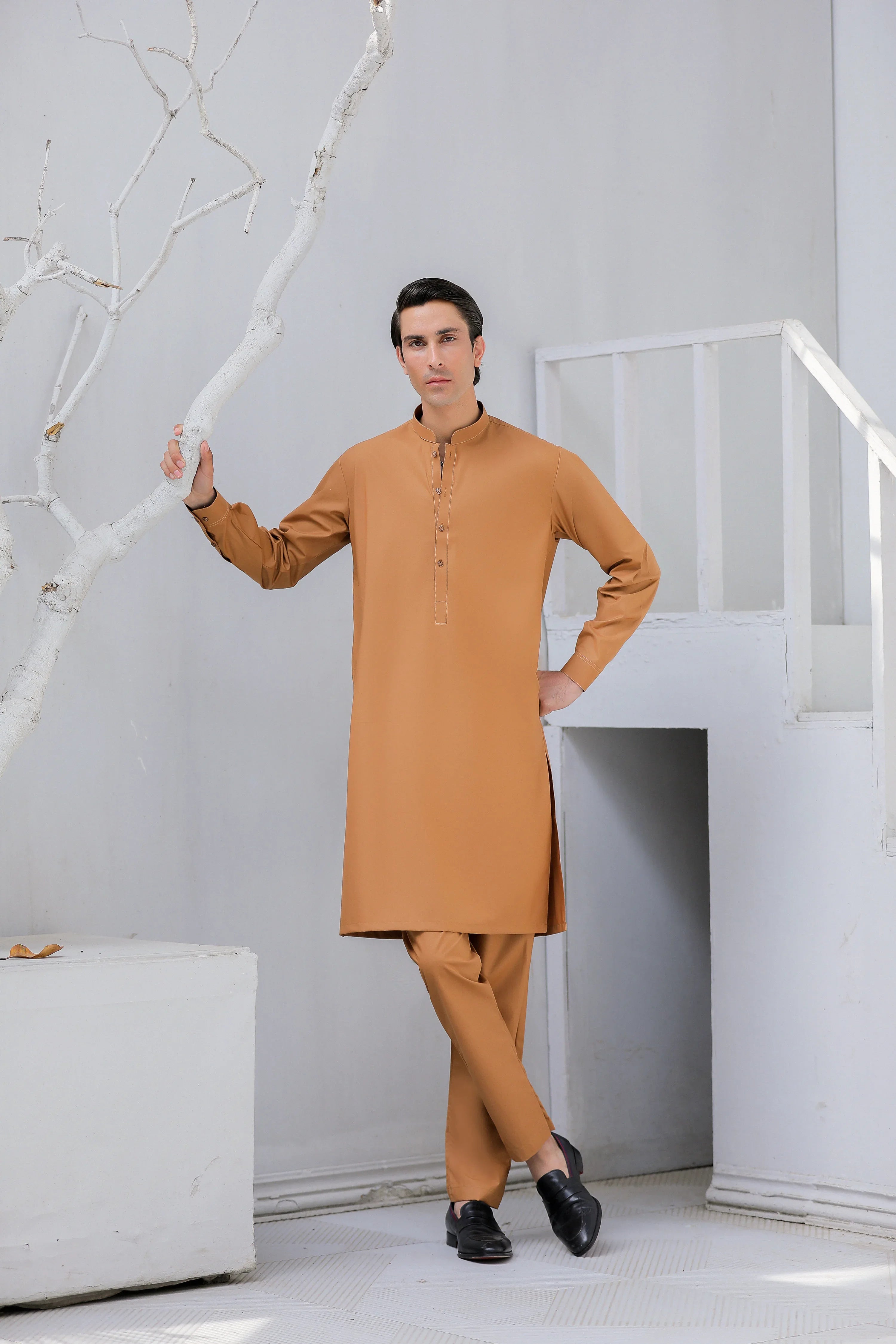 Stitched Kurta Trouser With Wood Buttons for Men - Dark Mustard - A Man