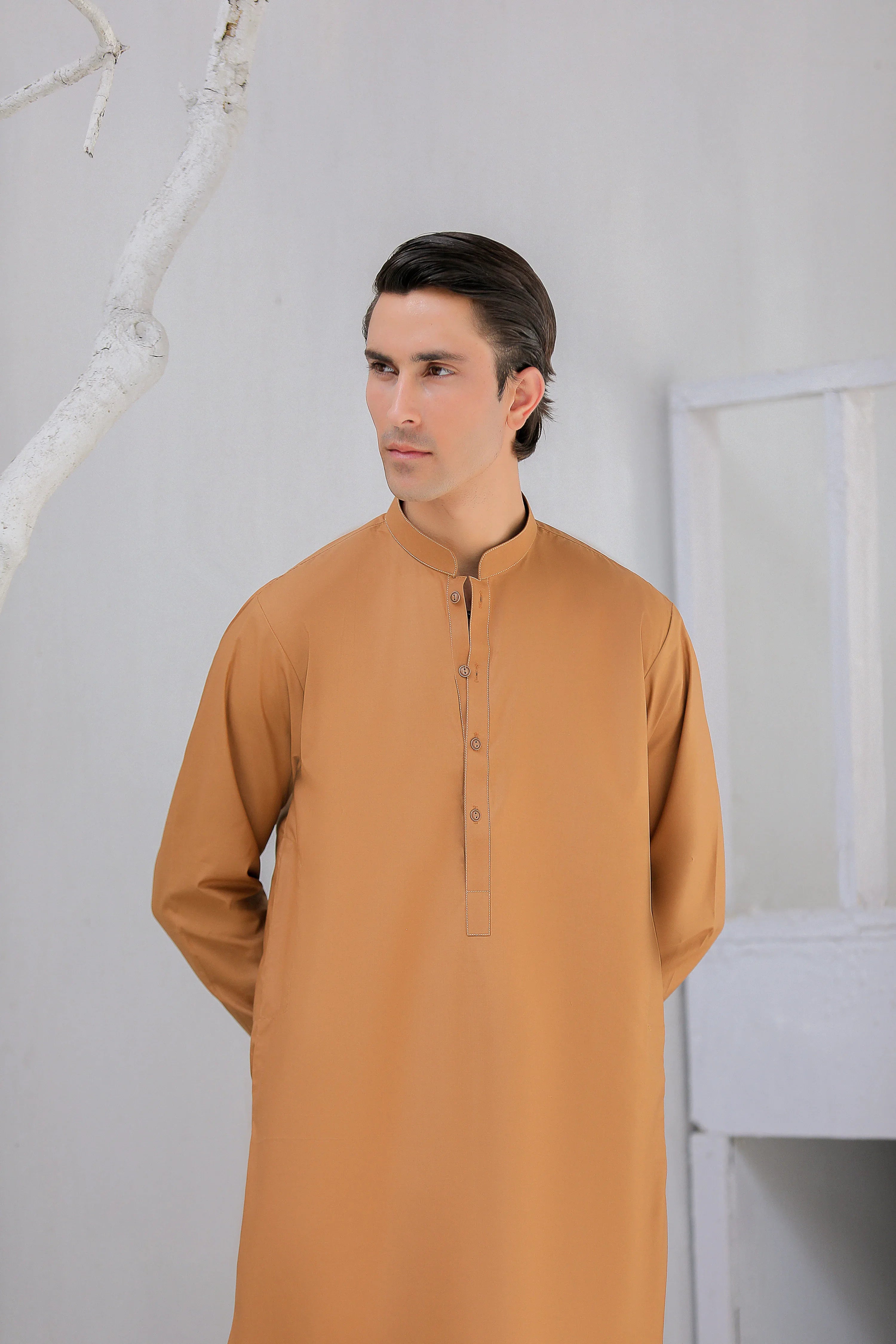 Stitched Kurta Trouser With Wood Buttons for Men - Dark Mustard - A Man