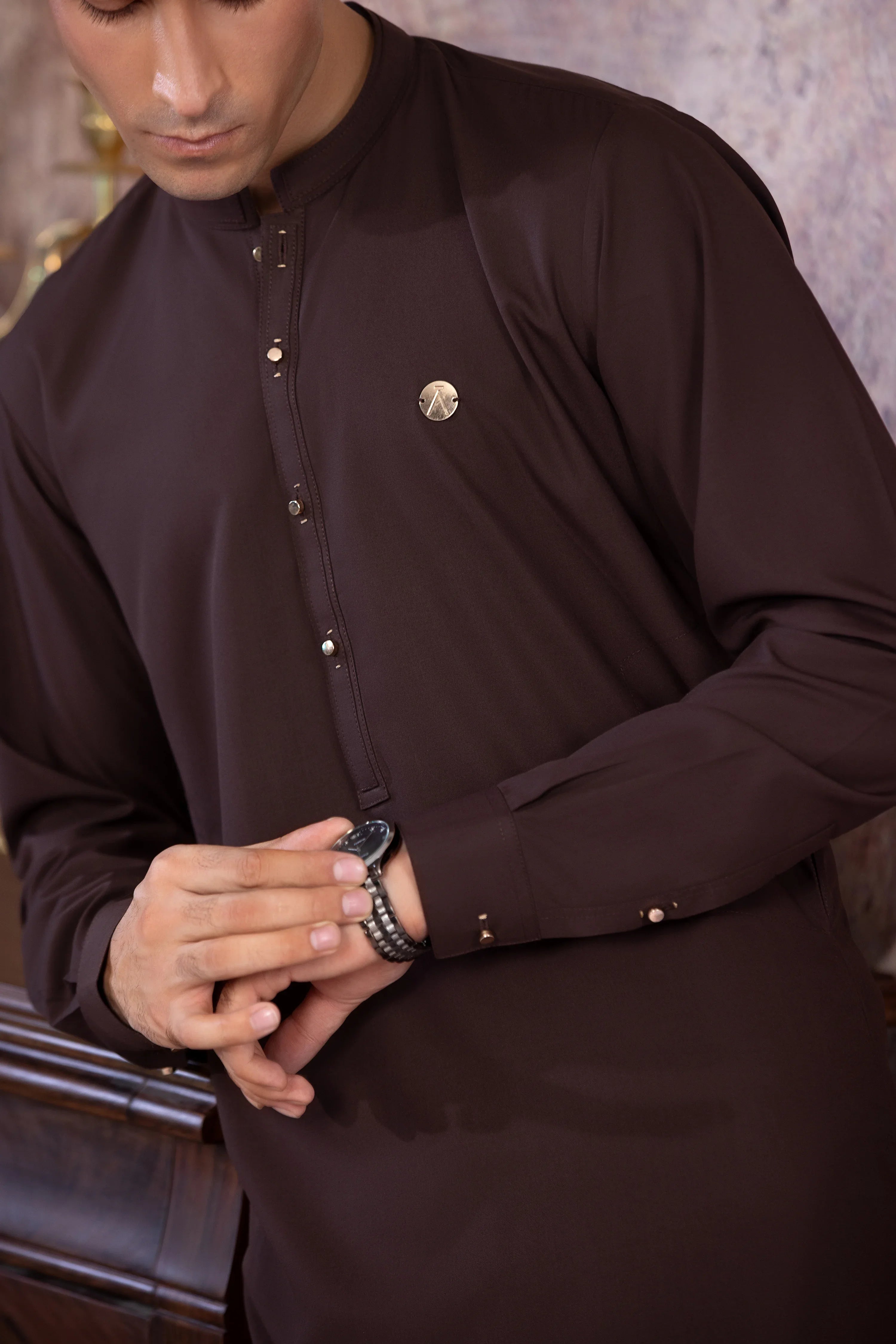 Stitched Kurta With Matching Trouser & Golden Buttons for Men - Chocolate Brown - A Man