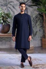 Stitched Kurta With Matching Trouser & Thread Detailing for Men - Navy Blue - A Man
