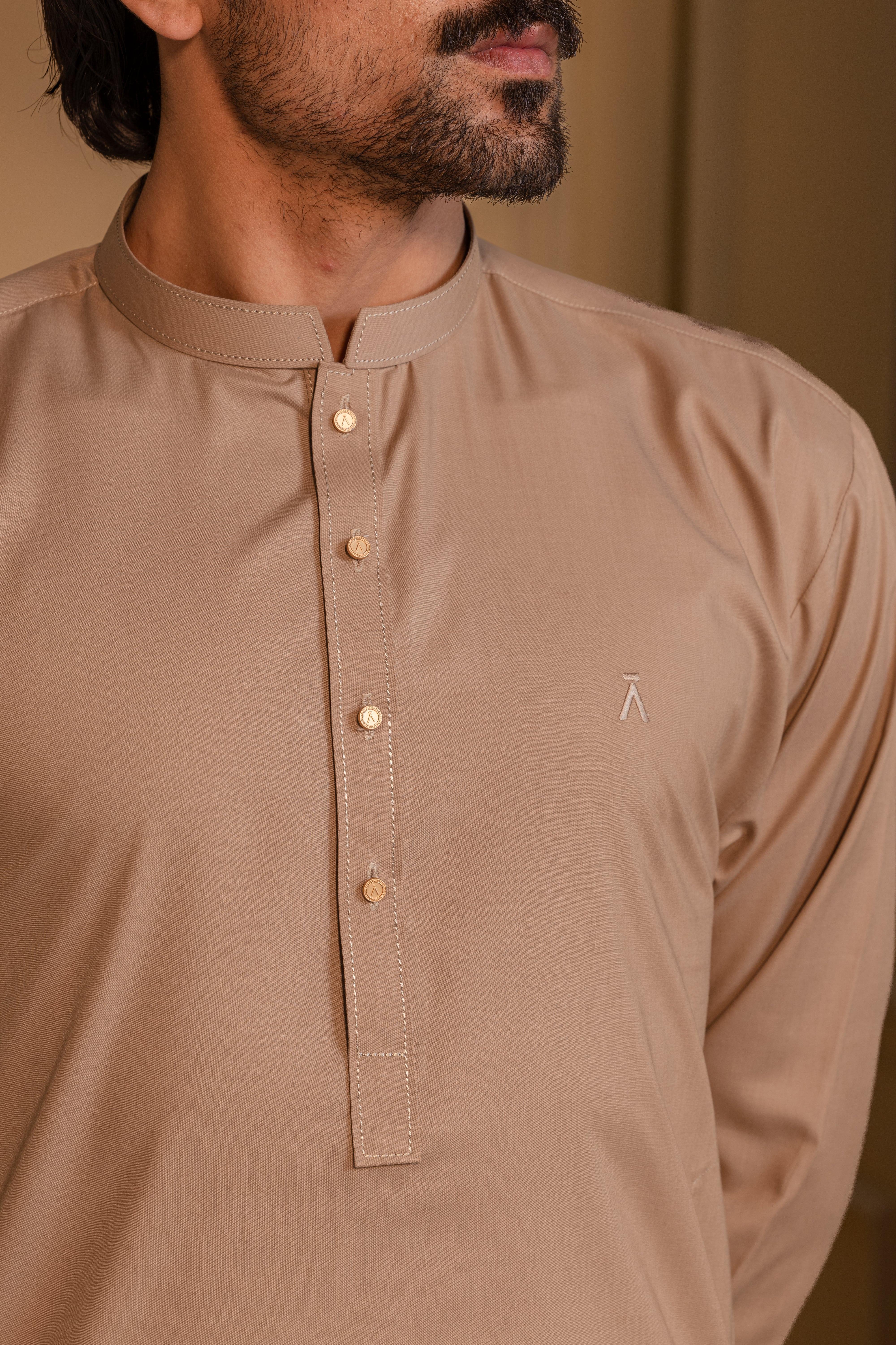Stitched Kurta With Matching Trousers & Metal Buttons for Men - Camel Brown - A Man