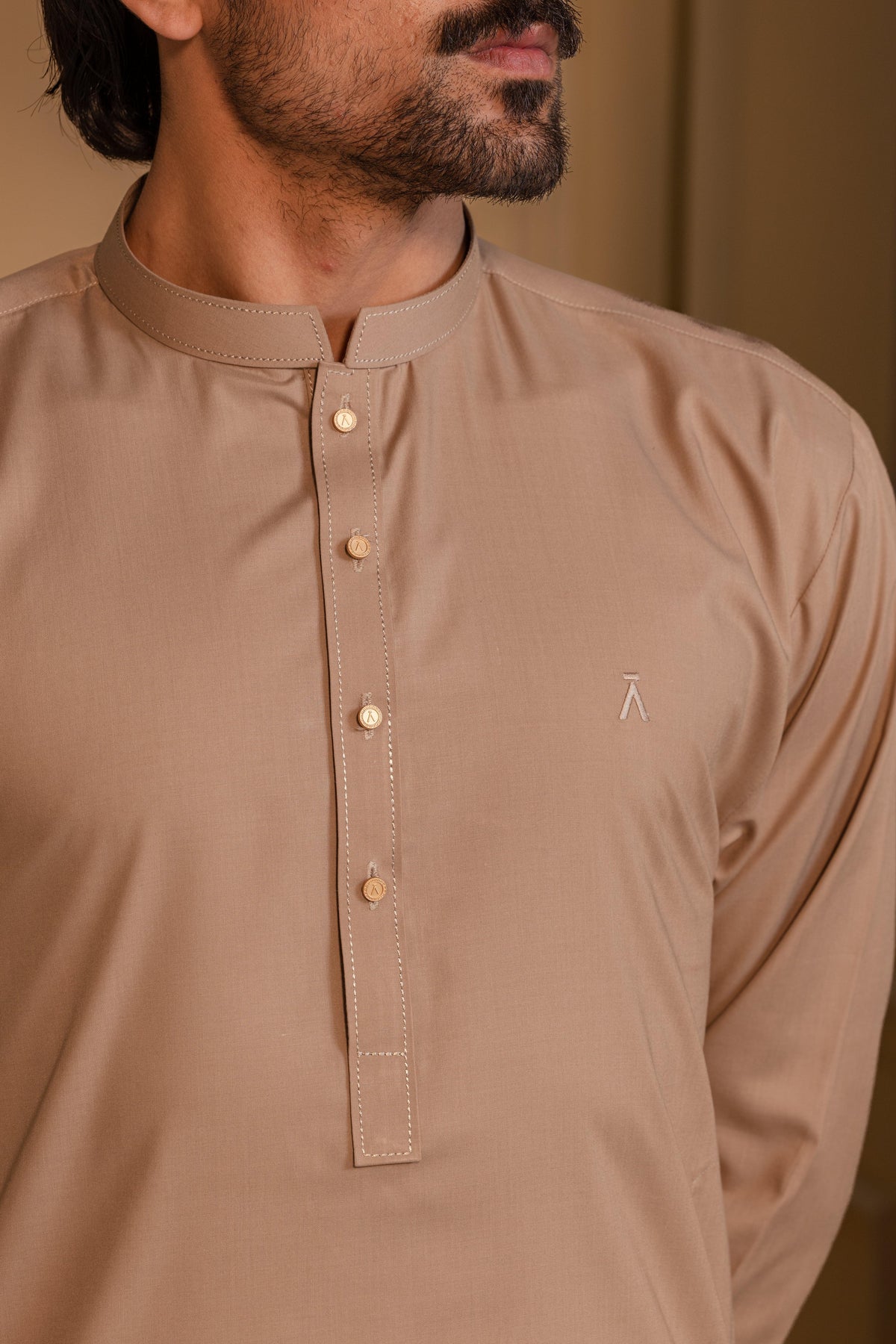 Stitched Kurta With Matching Trousers & Metal Buttons for Men - Camel Brown - A Man