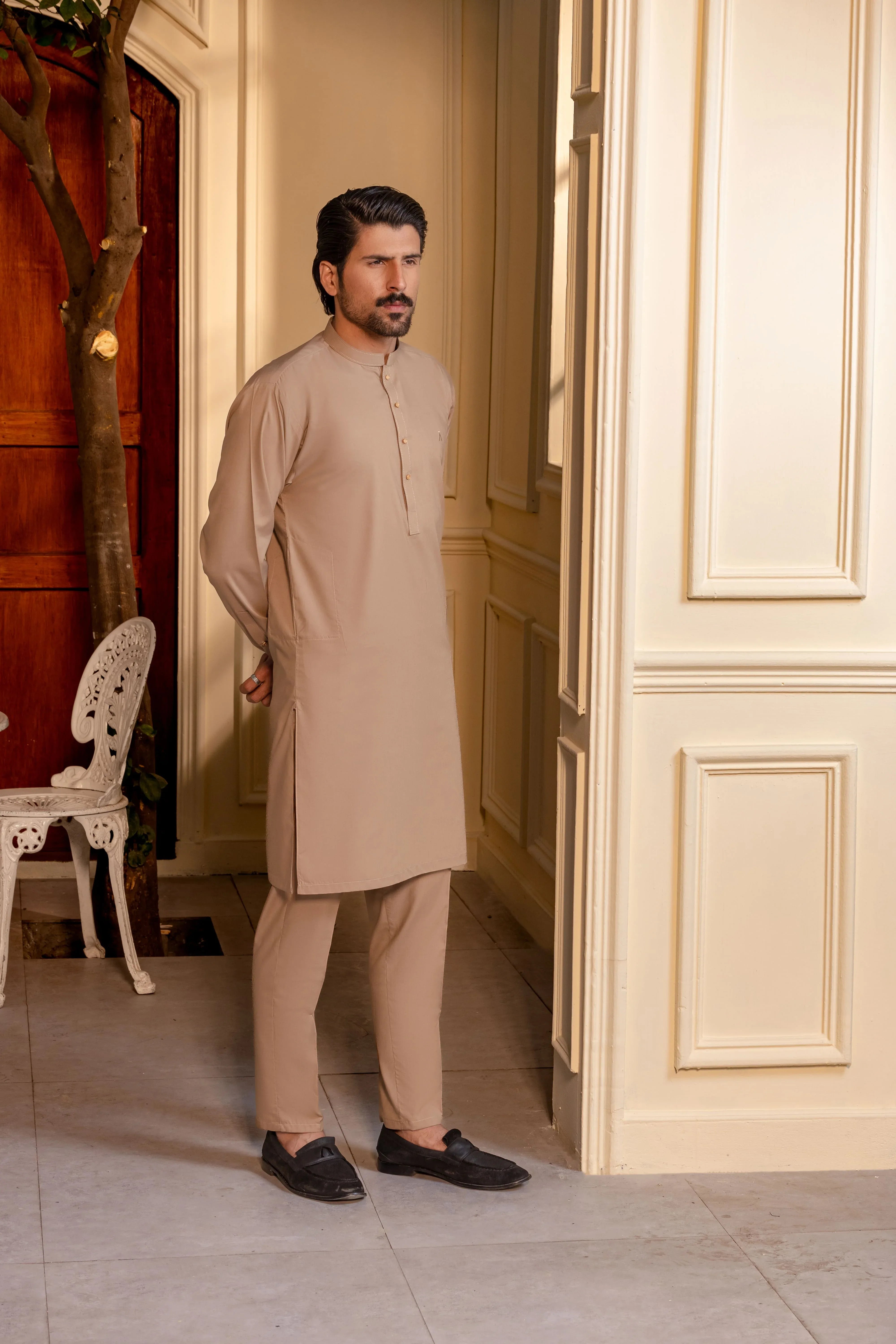 Stitched Kurta With Matching Trousers & Metal Buttons for Men - Camel Brown - A Man