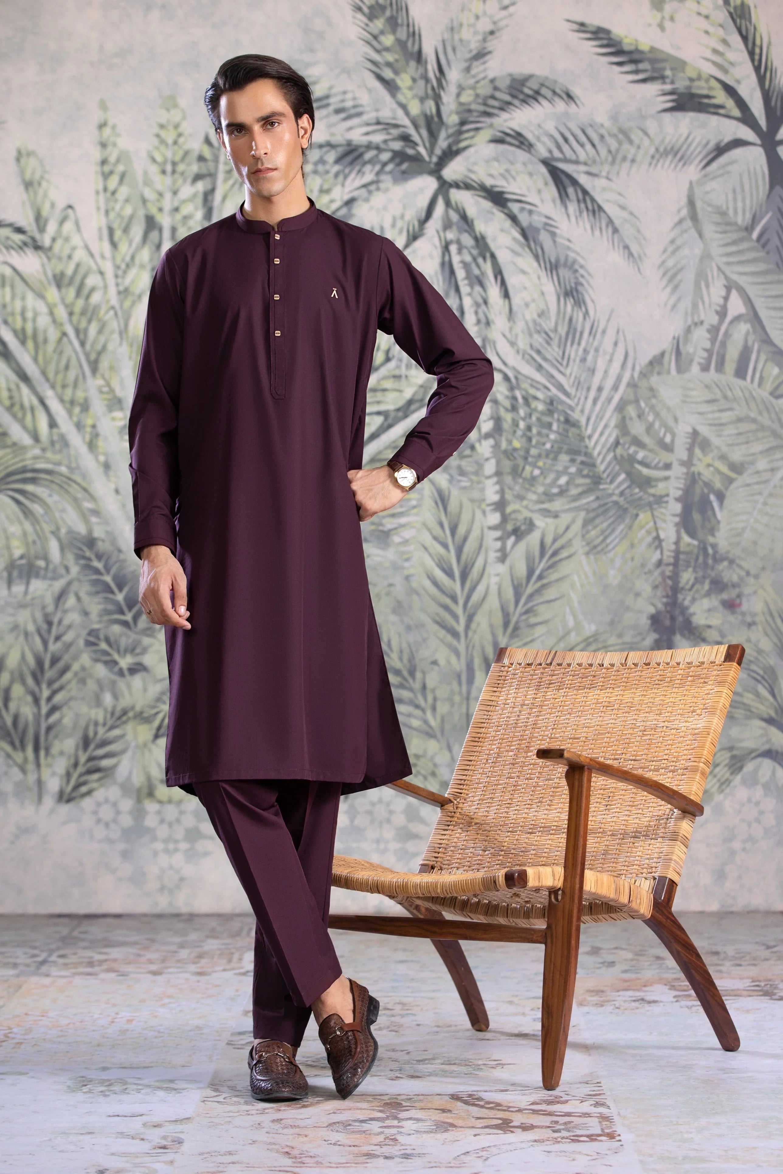 Stitched Kurta With Matching Trousers & Square Metal Buttons for Men - Burgundy - A Man