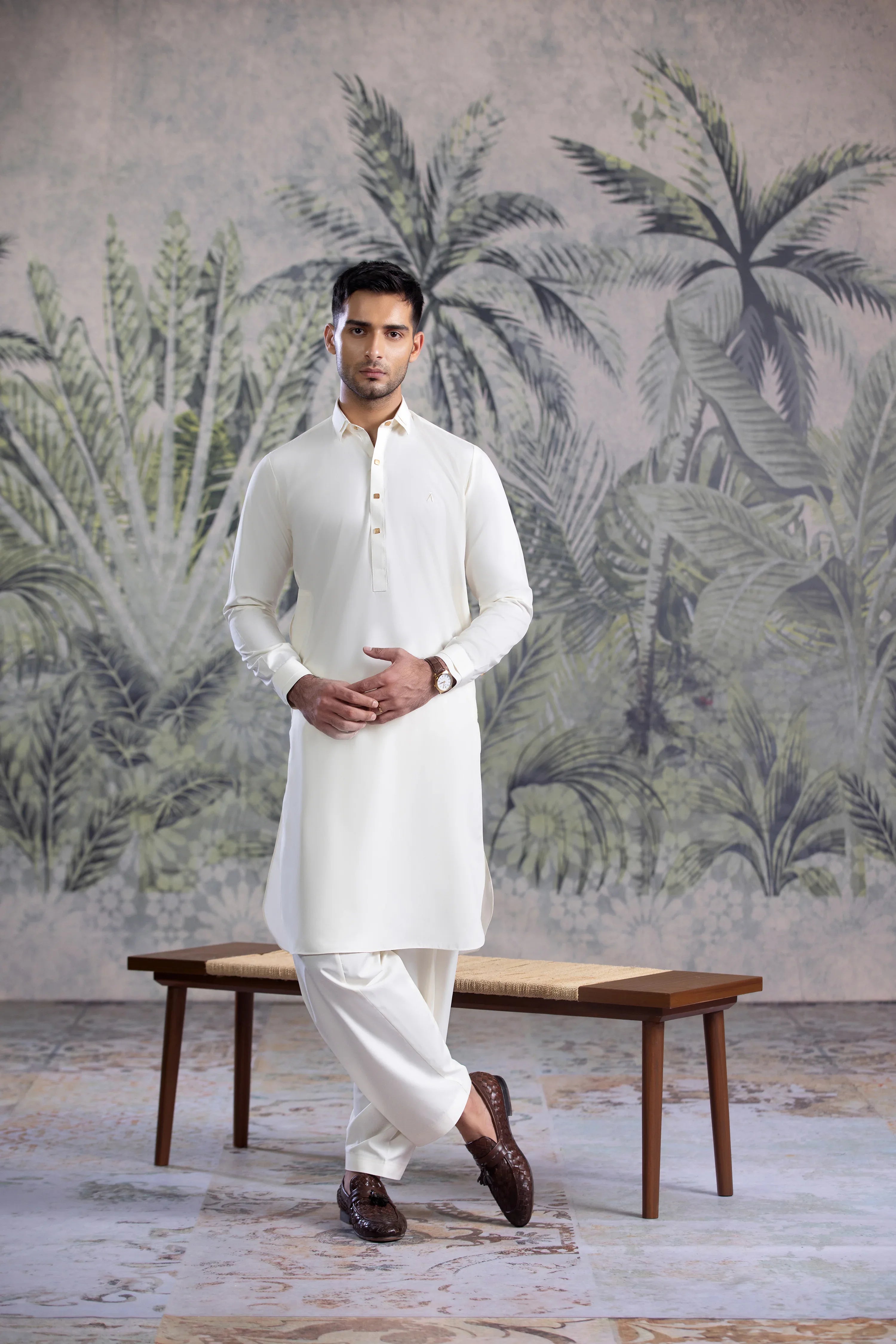 Stitched Premium Boski Kameez Shalwar With Golden Square Buttons for Men - Cream - A Man