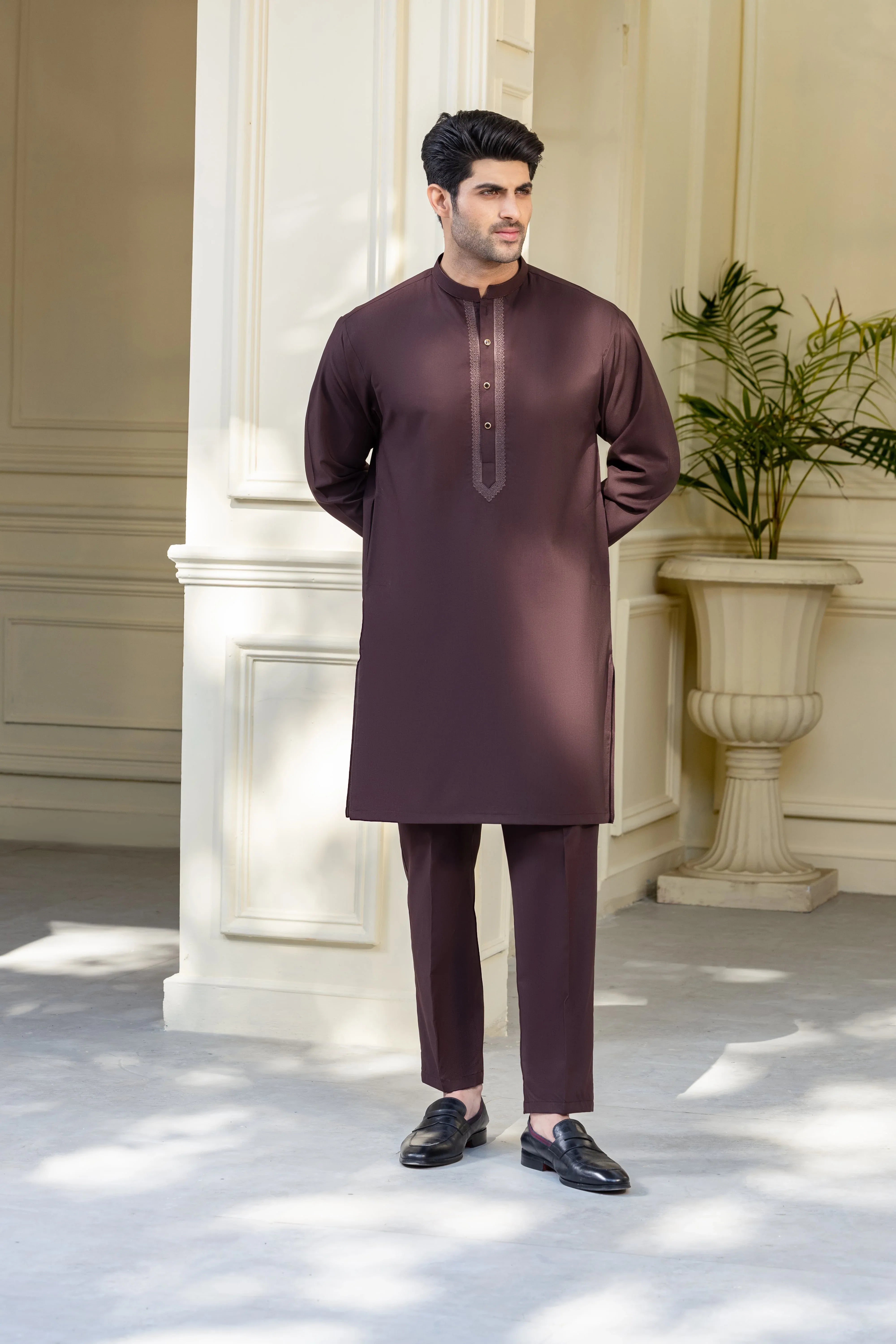 Stitched Premium Embroidered Kurta With Matching Trousers for Men - Dark Brown - A Man