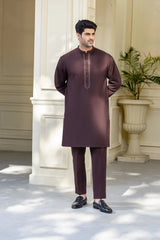 Stitched Premium Embroidered Kurta With Matching Trousers for Men - Dark Brown - A Man