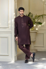 Stitched Premium Embroidered Kurta With Matching Trousers for Men - Dark Brown - A Man