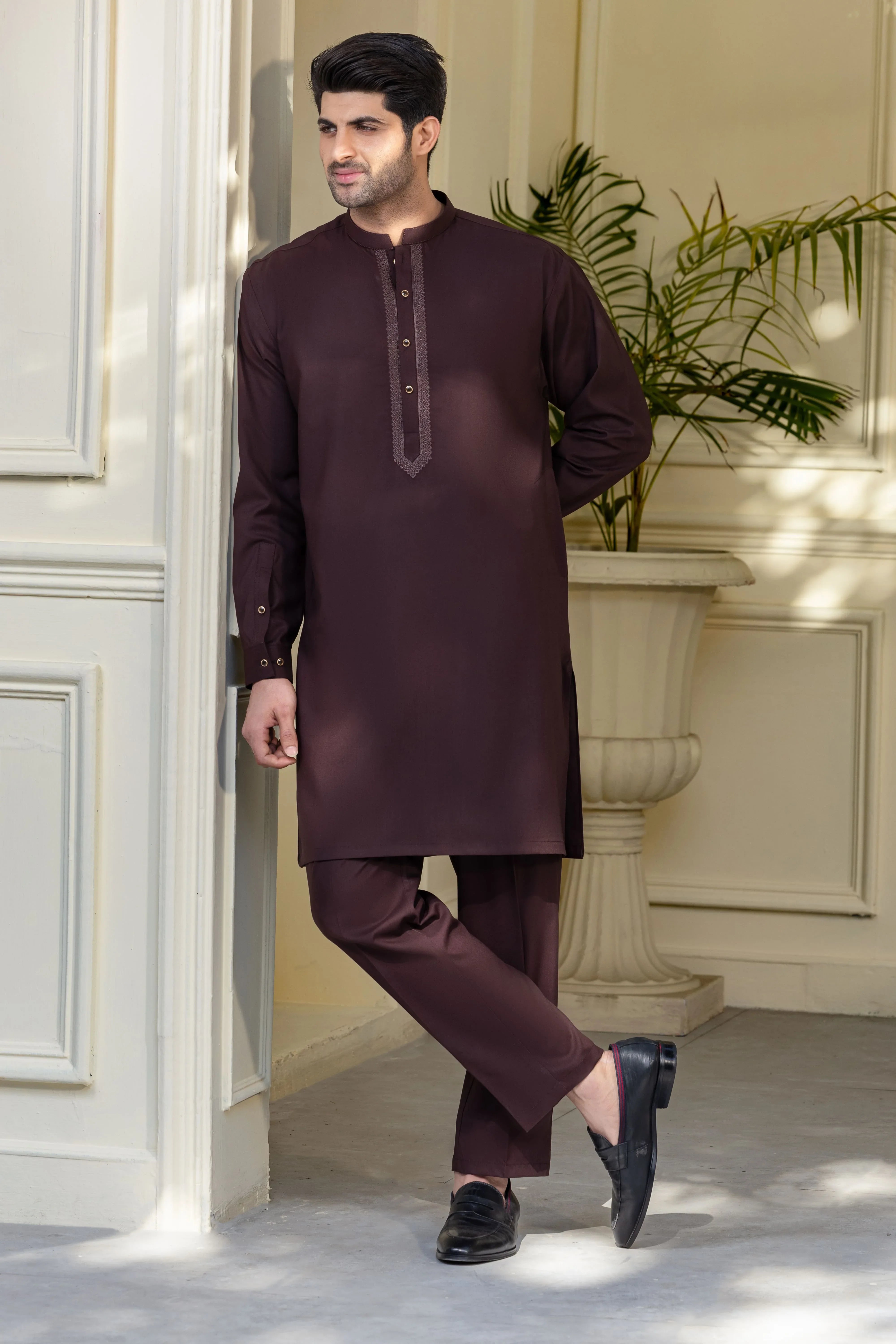 Stitched Premium Embroidered Kurta With Matching Trousers for Men - Dark Brown - A Man