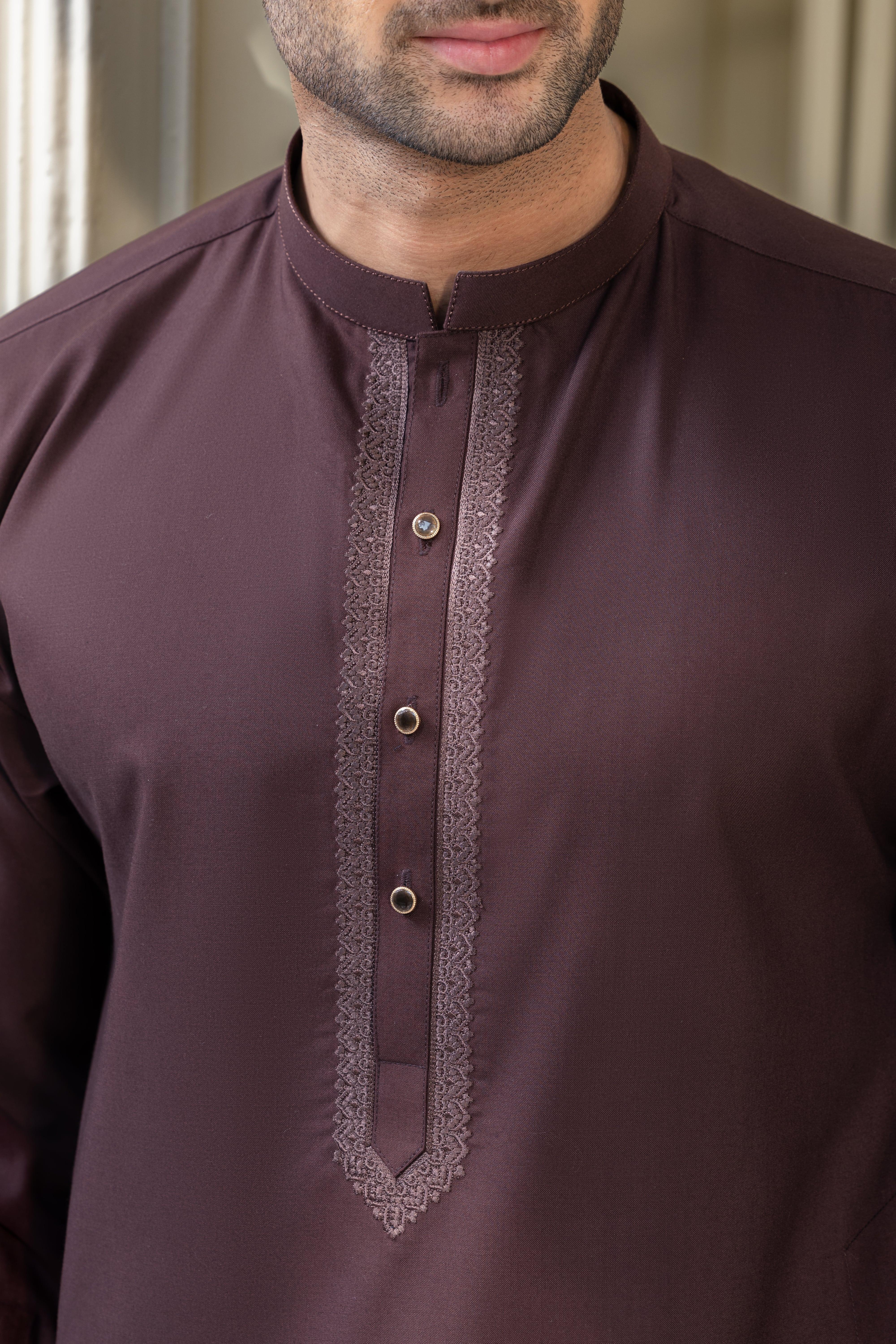 Stitched Premium Embroidered Kurta With Matching Trousers for Men - Dark Brown - A Man