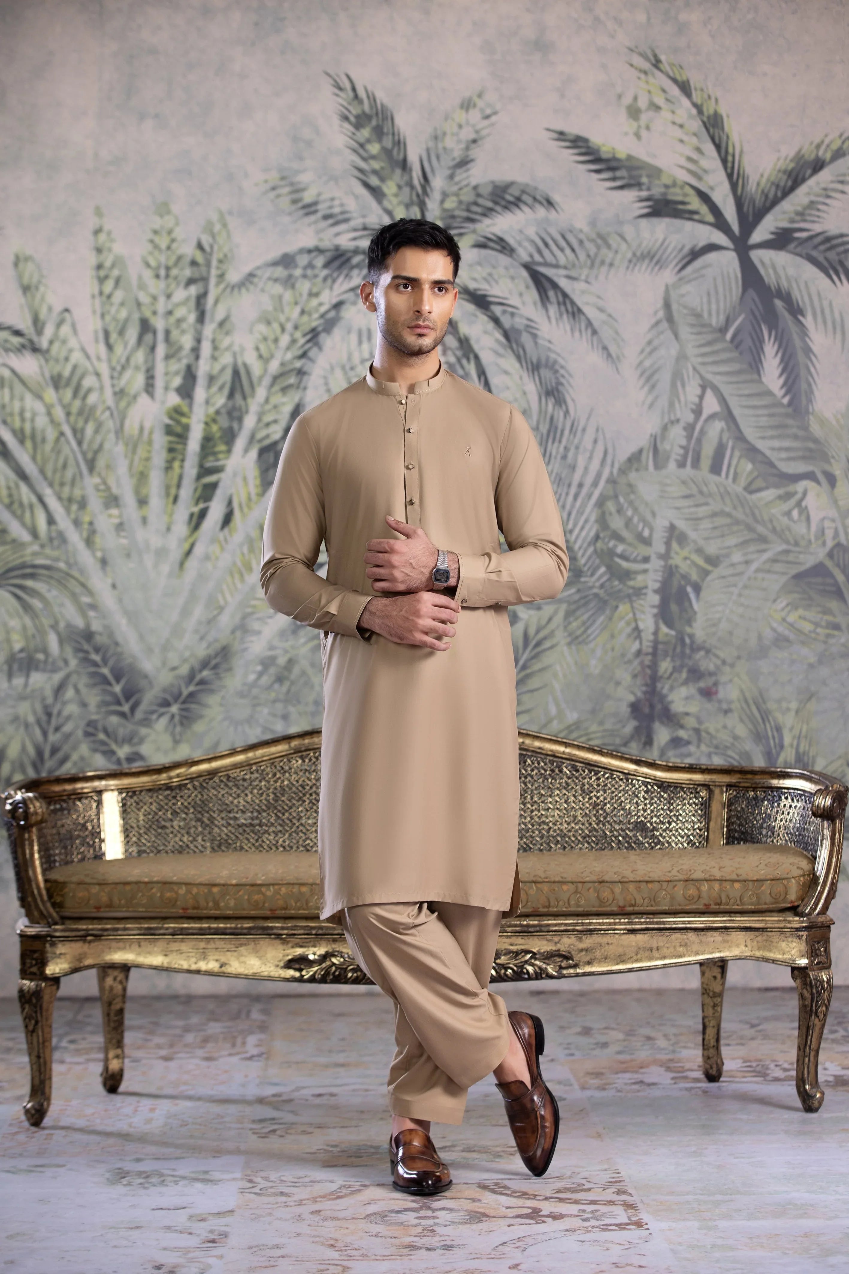 Stitched Premium Kurta With Matching Shalwar for Men - Light Brown - A Man