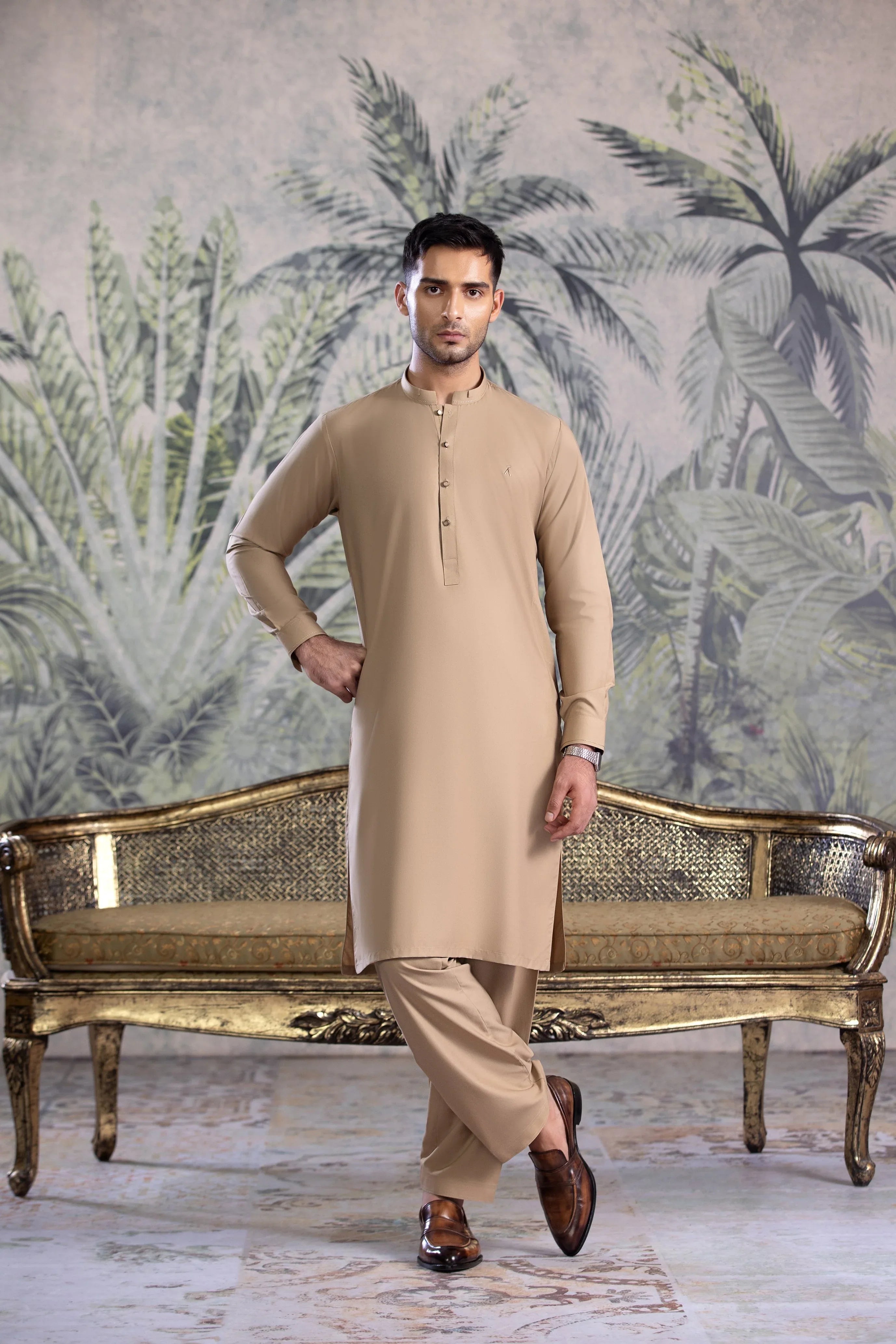 Stitched Premium Kurta With Matching Shalwar for Men - Light Brown - A Man