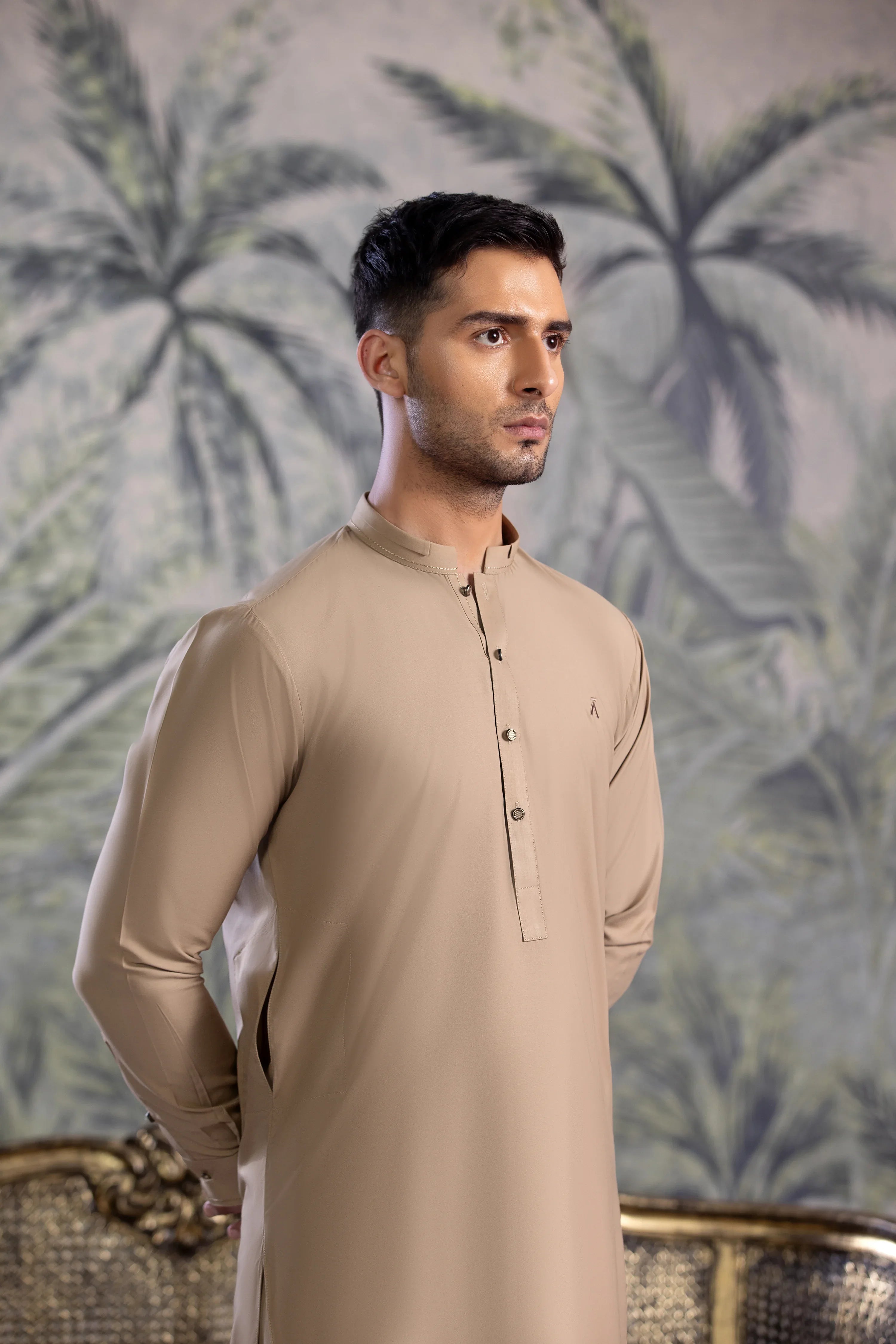 Stitched Premium Kurta With Matching Shalwar for Men - Light Brown - A Man