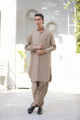 Stitched Signature Logo Shalwar Kameez With Golden Button for Men - Light Brown - A Man