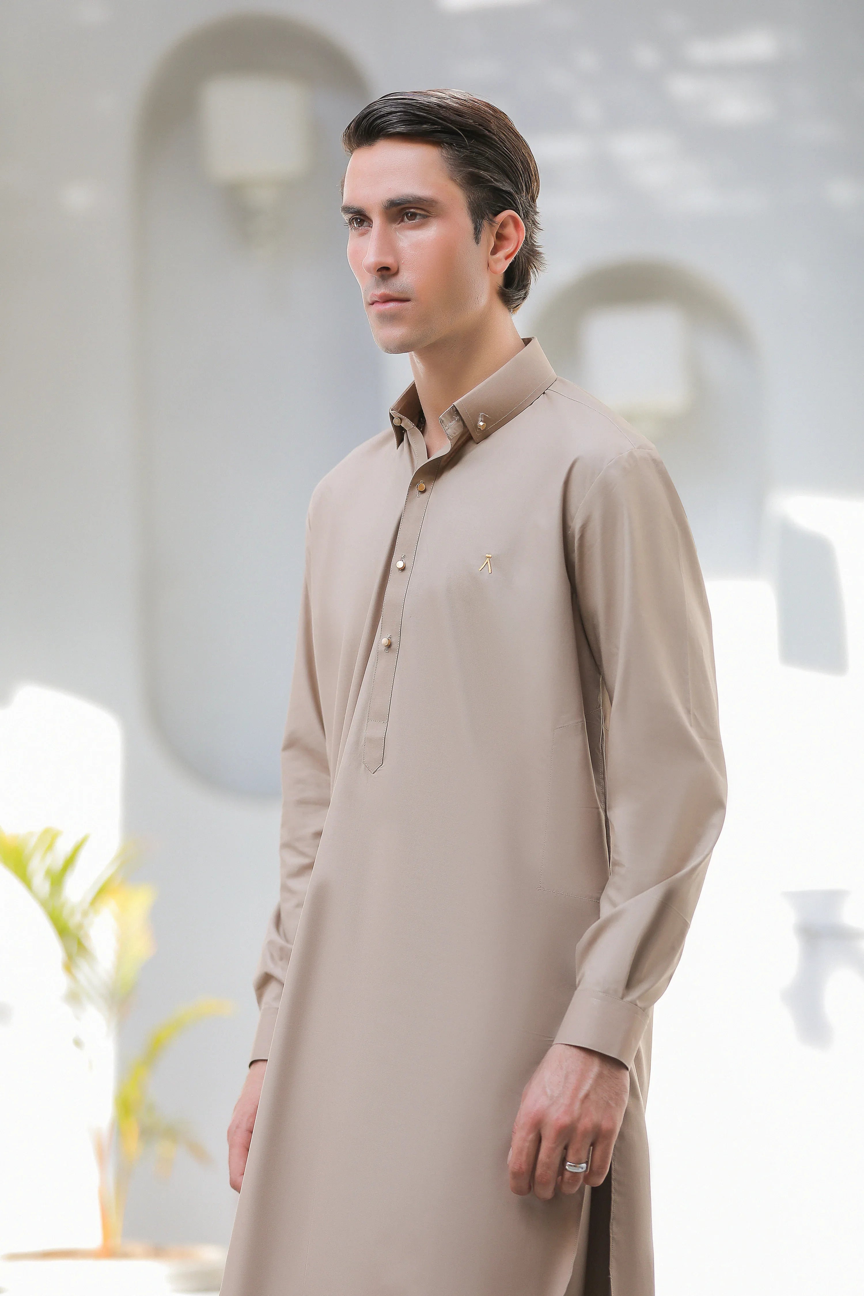 Stitched Signature Logo Shalwar Kameez With Golden Button for Men - Light Brown - A Man