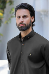 Stitched Signature Logo Shalwar Kameez With Golden Buttons for Men - Black - A Man