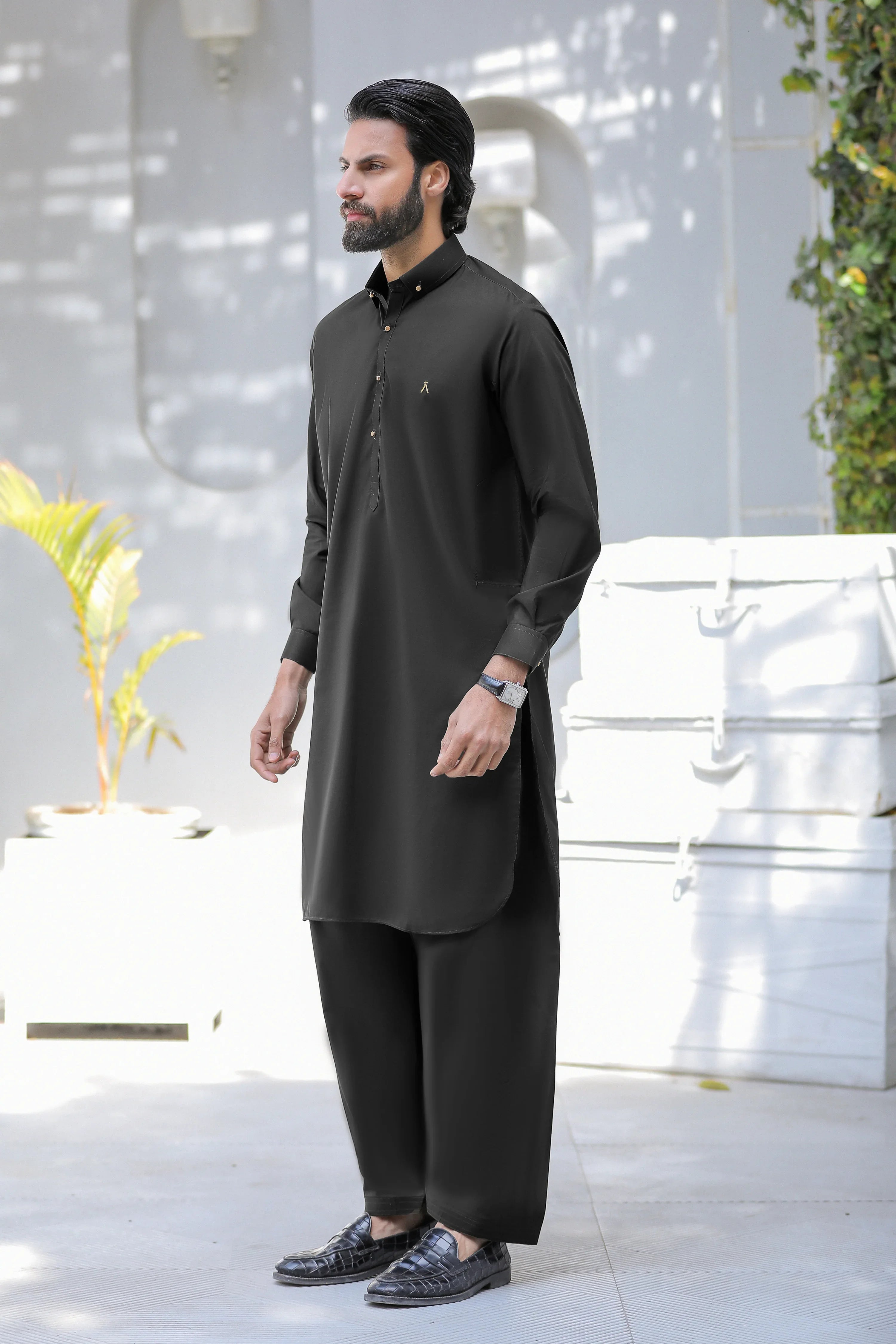 Stitched Signature Logo Shalwar Kameez With Golden Buttons for Men - Black - A Man