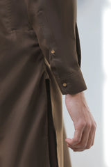 Stitched Signature Logo Shalwar Kameez With Golden Buttons for Men - Chocolate - A Man