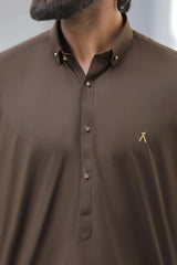 Stitched Signature Logo Shalwar Kameez With Golden Buttons for Men - Chocolate - A Man