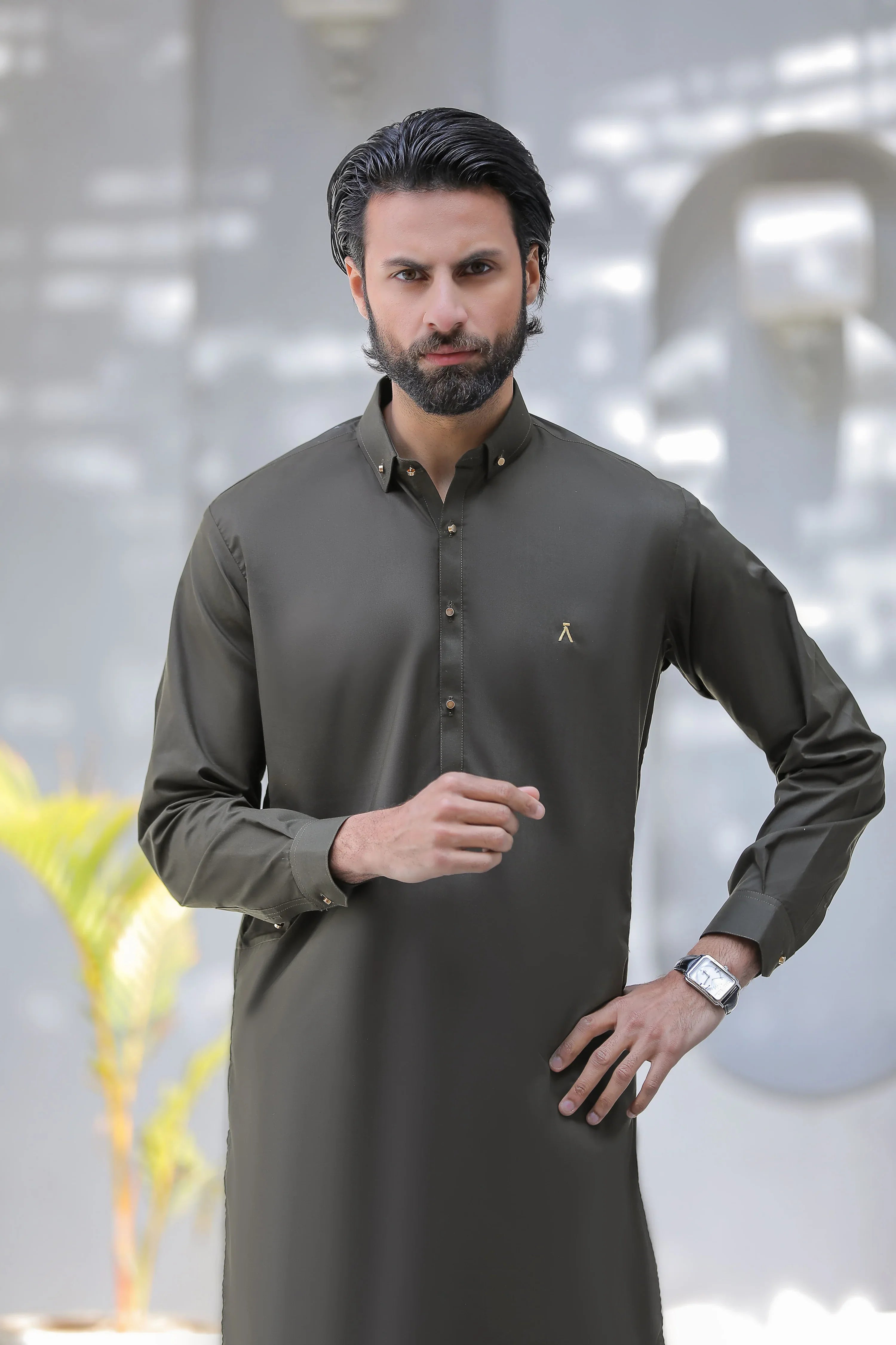 Stitched Signature Logo Shalwar Kameez With Golden Buttons for Men - Dark Green - A Man