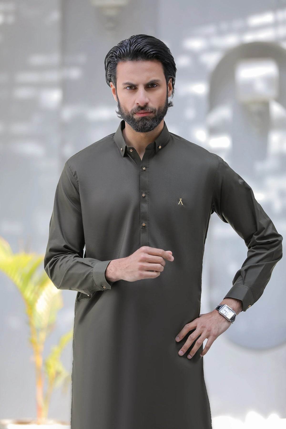 Stitched Signature Logo Shalwar Kameez With Golden Buttons for Men - Dark Green - A Man