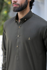 Stitched Signature Logo Shalwar Kameez With Golden Buttons for Men - Dark Green - A Man