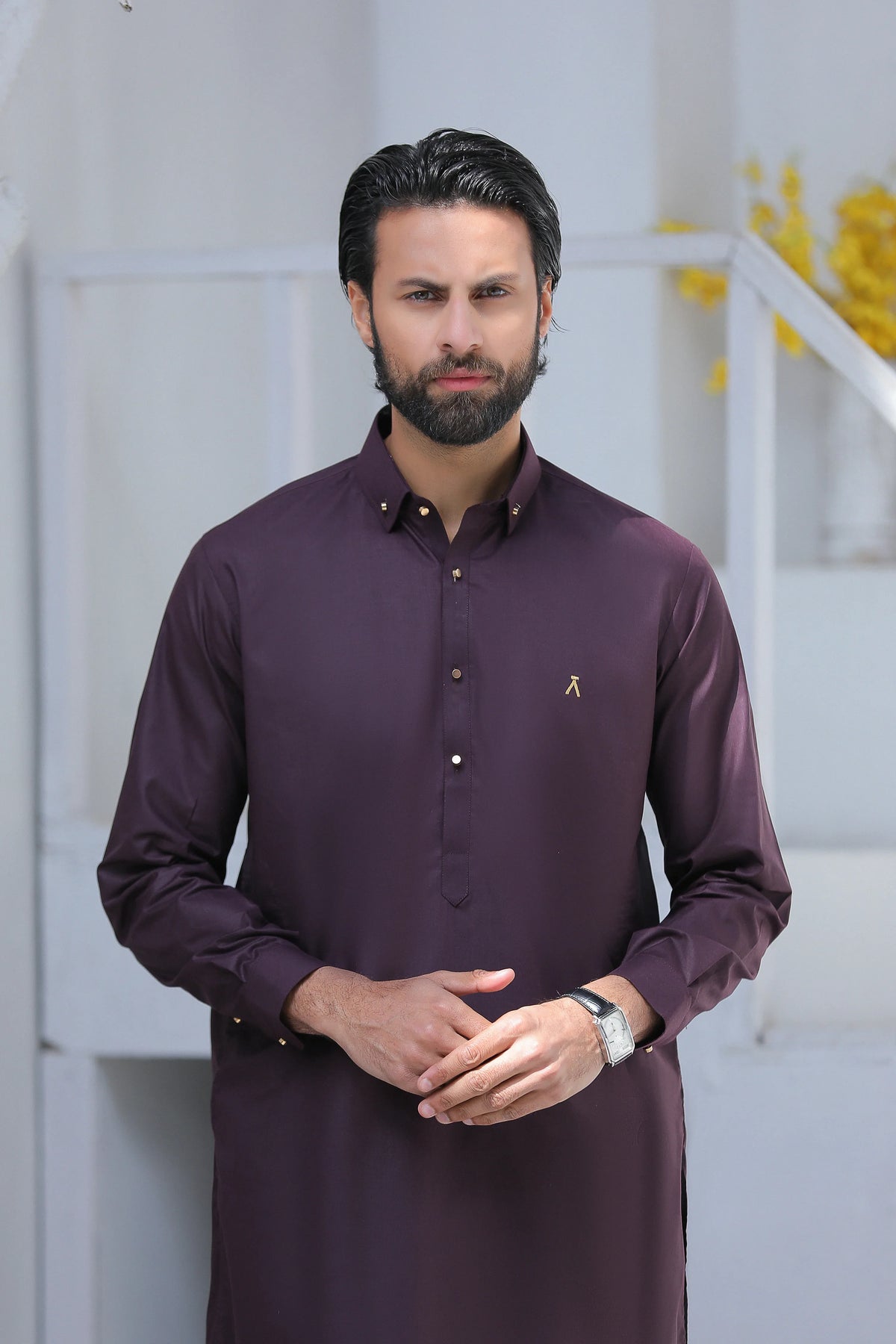 Stitched Signature Logo Shalwar Kameez With Golden Buttons for Men - Dark Purple - A Man